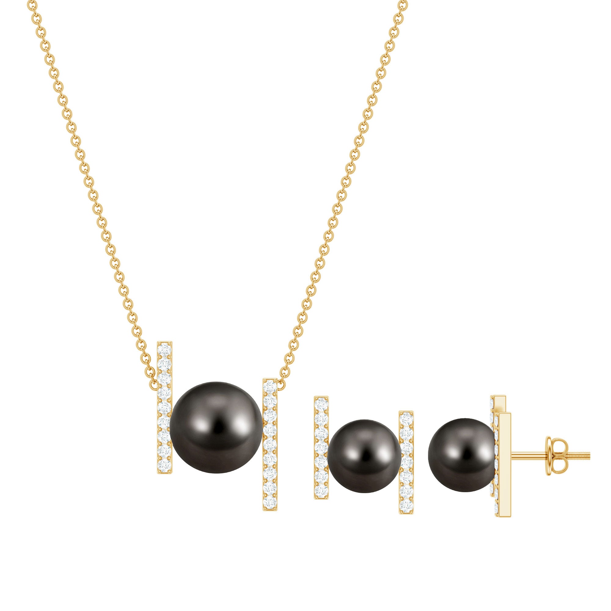 Genuine Black Tahitian Pearl Necklace and Earrings Set with Moissanite AAA - Rosec Jewels