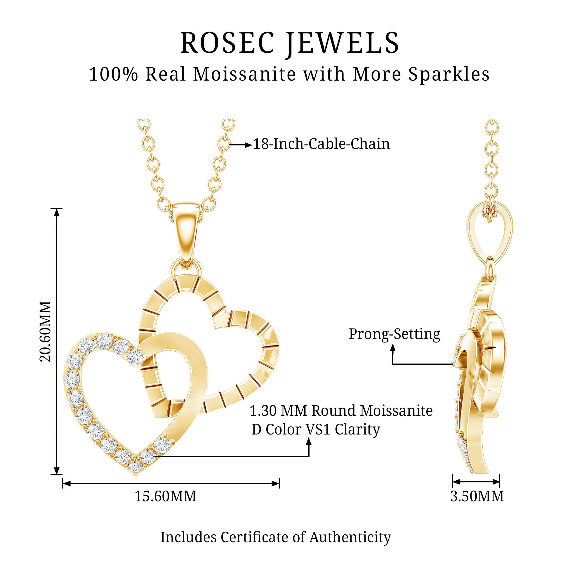 Certified Moissanite Twin Heart Pendant Necklace D-VS1 - Rosec Jewels