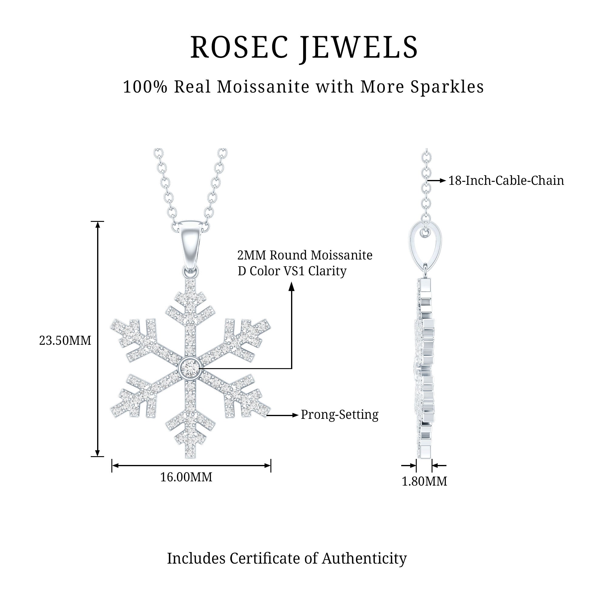Certified Moissanite Frozen Snowflake Pendant Necklace D-VS1 - Rosec Jewels