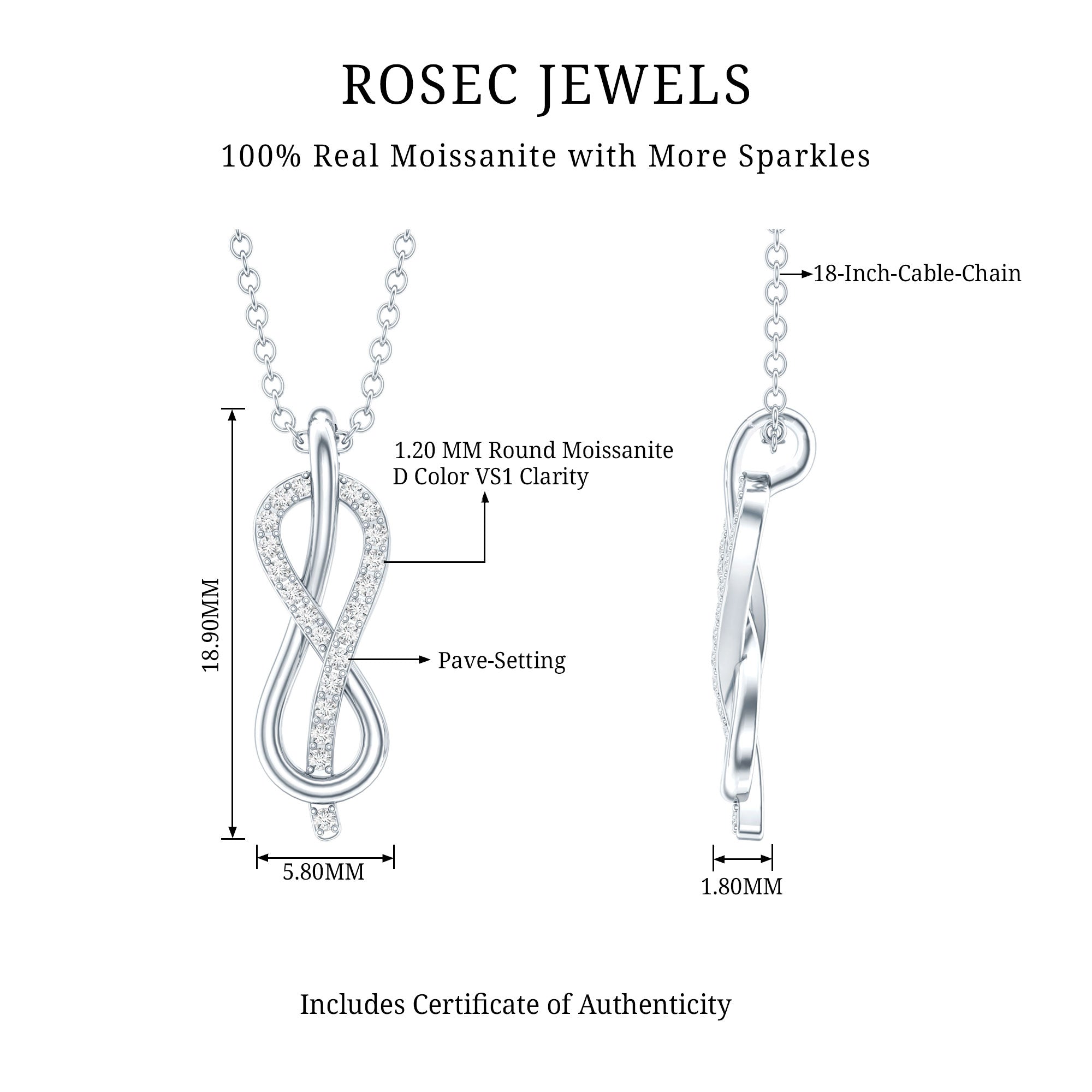 Certified Moissanite Infinity Pendant Necklace with Chain D-VS1 92.5 Sterling Silver - Rosec Jewels