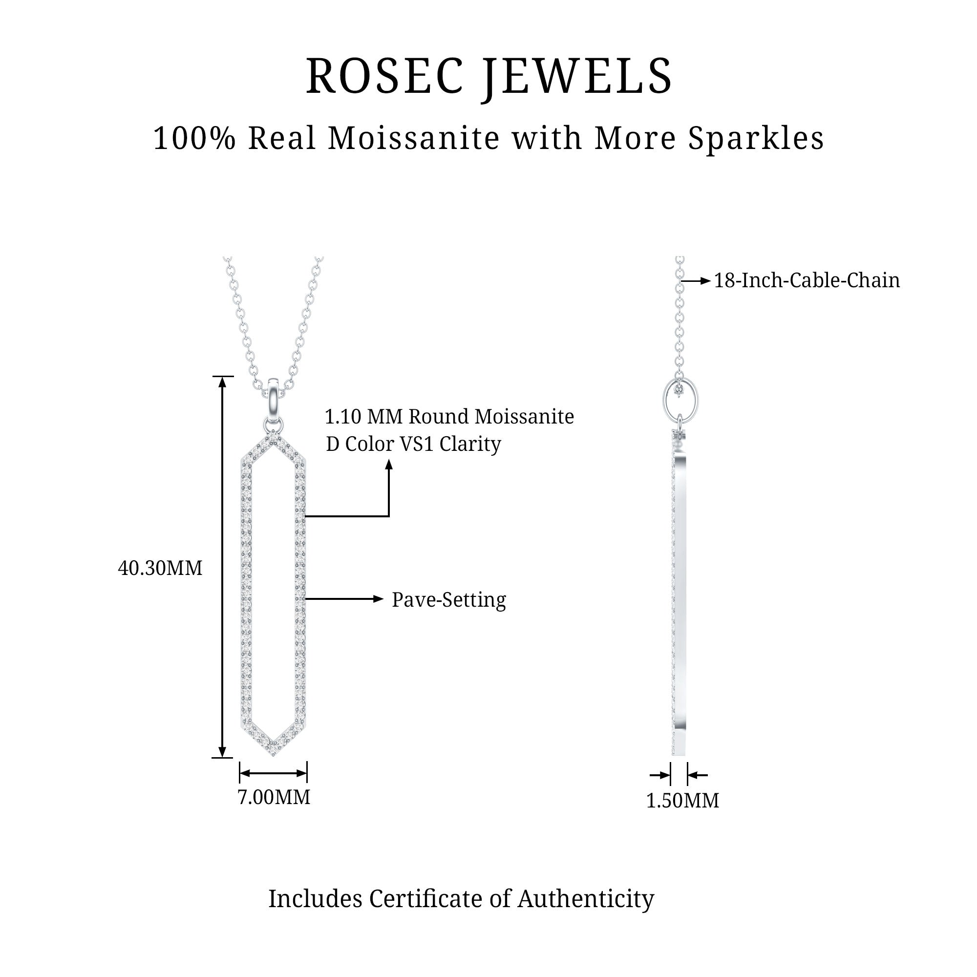 Elongated Hexagonal Moissanite Pendant Necklace with Certificate D-VS1 - Rosec Jewels