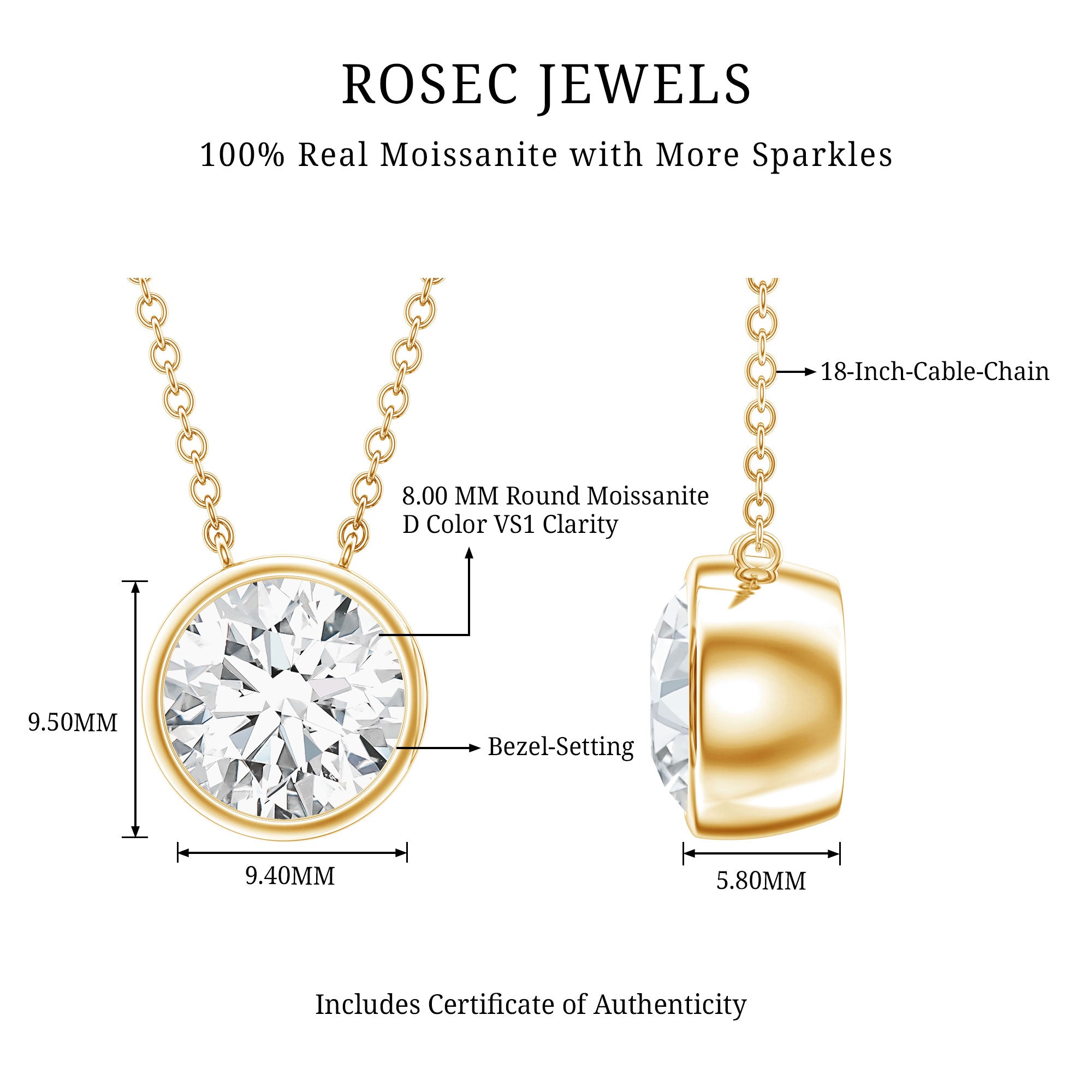 2 Carat Certified Moissanite Solitaire Necklace in Bezel Setting D-VS1 - Rosec Jewels