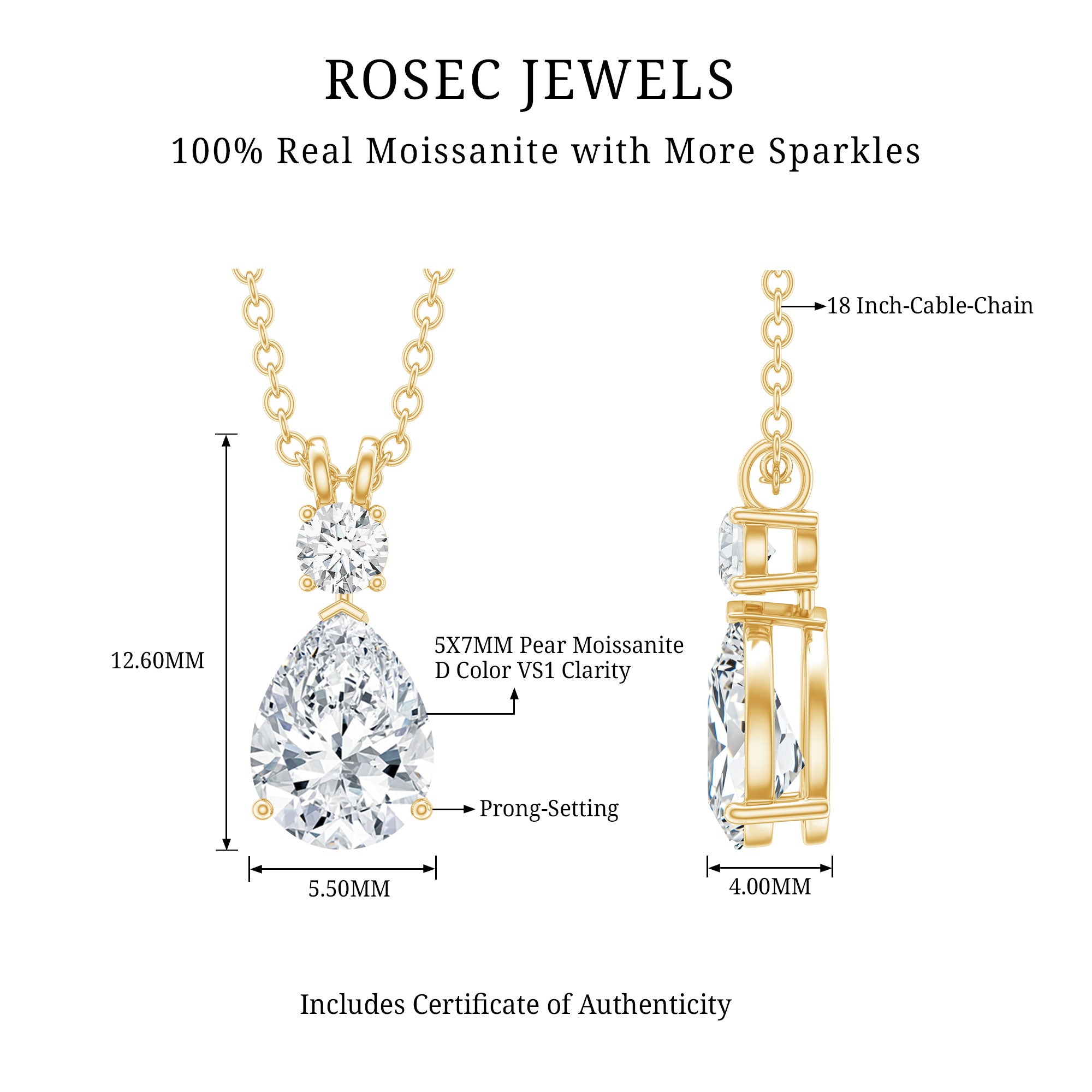 Certified Round and Pear Shaped Moissanite Two Stone Pendant D-VS1 - Rosec Jewels