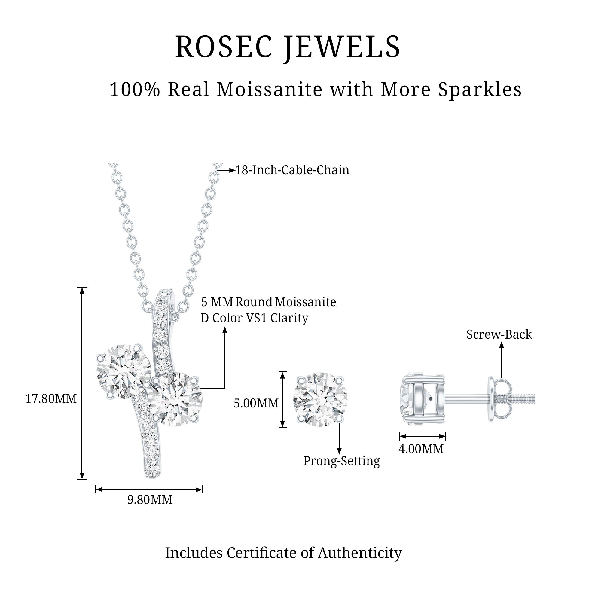 Certified Moissanite Minimal Jewelry Set D-VS1 - Rosec Jewels