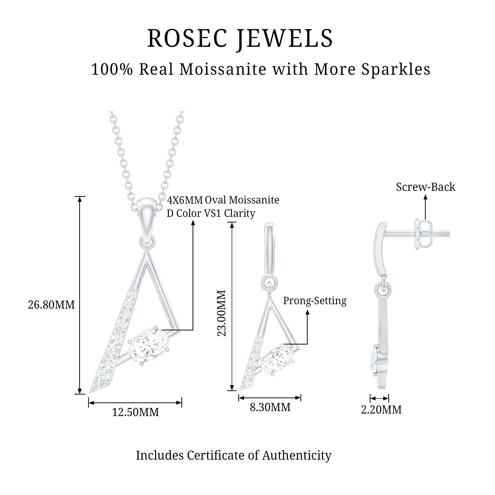 Certified Moissanite Triangle Necklace With Earrings D-VS1 - Rosec Jewels