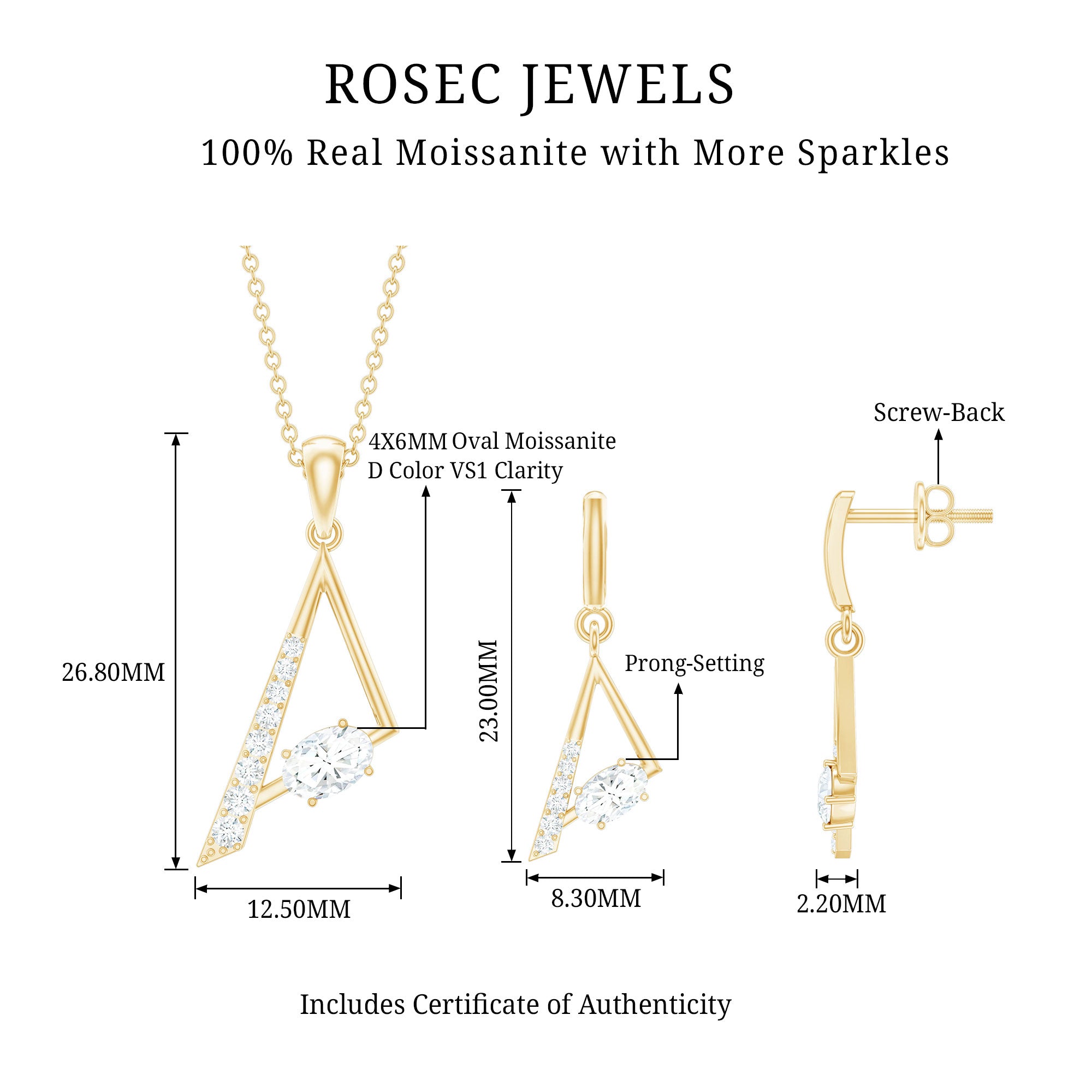 Certified Moissanite Triangle Necklace With Earrings D-VS1 - Rosec Jewels