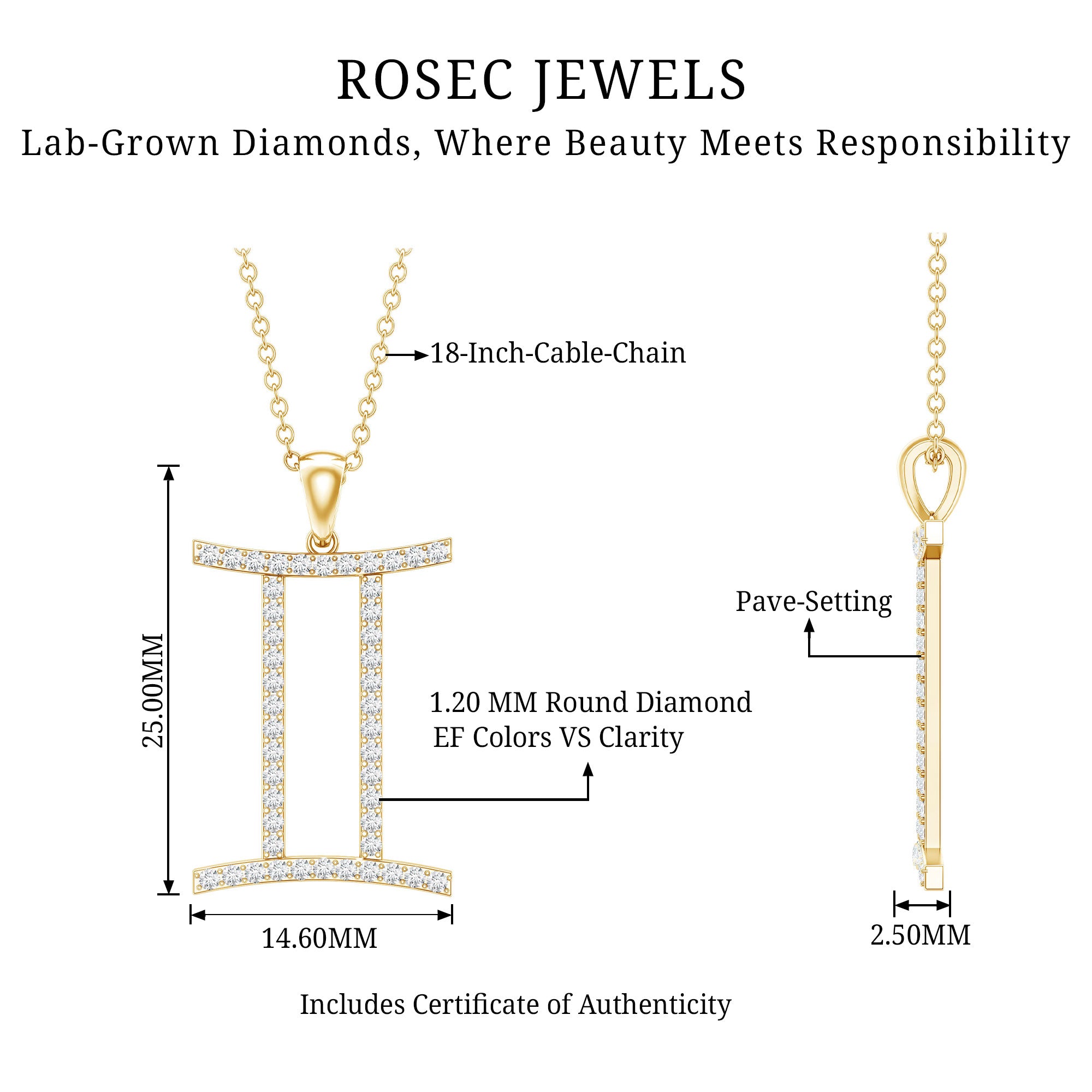 Gemini Necklace with Certified Lab Grown Diamond Lab - ( EF-VS ) - Rosec Jewels