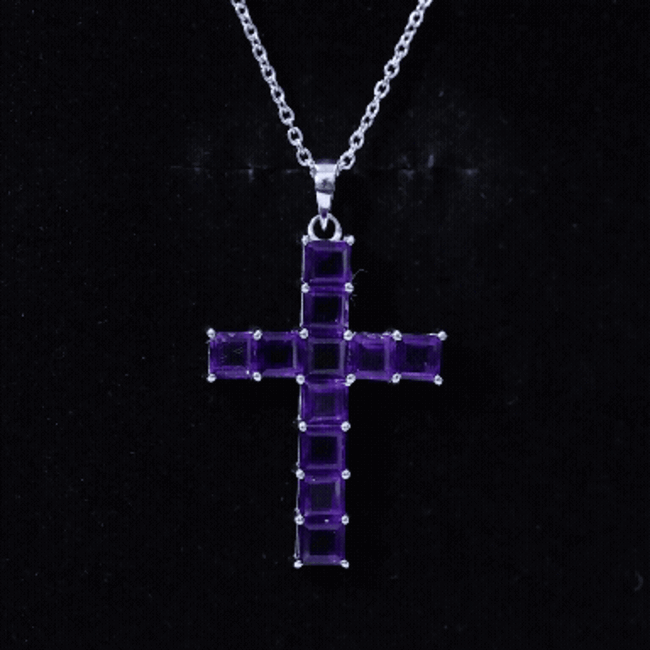 Princess Cut Amethyst Cross Pendant Necklace with Silver Chain AAA 92.5 Sterling Silver - Rosec Jewels