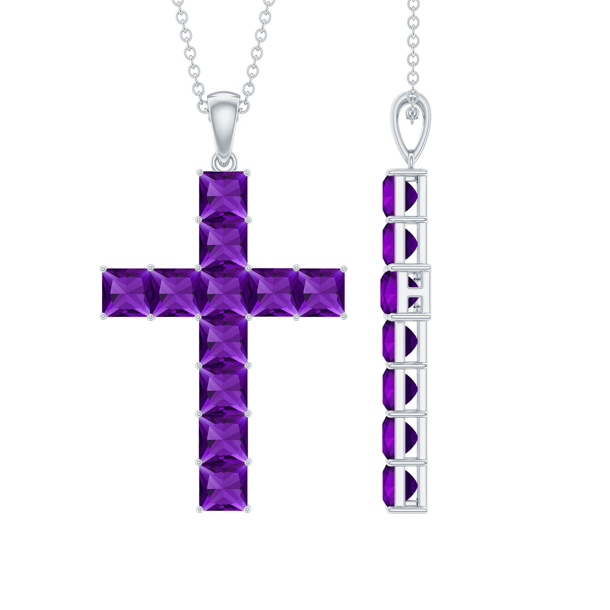 Princess Cut Amethyst Cross Pendant Necklace with Silver Chain AAA 92.5 Sterling Silver - Rosec Jewels