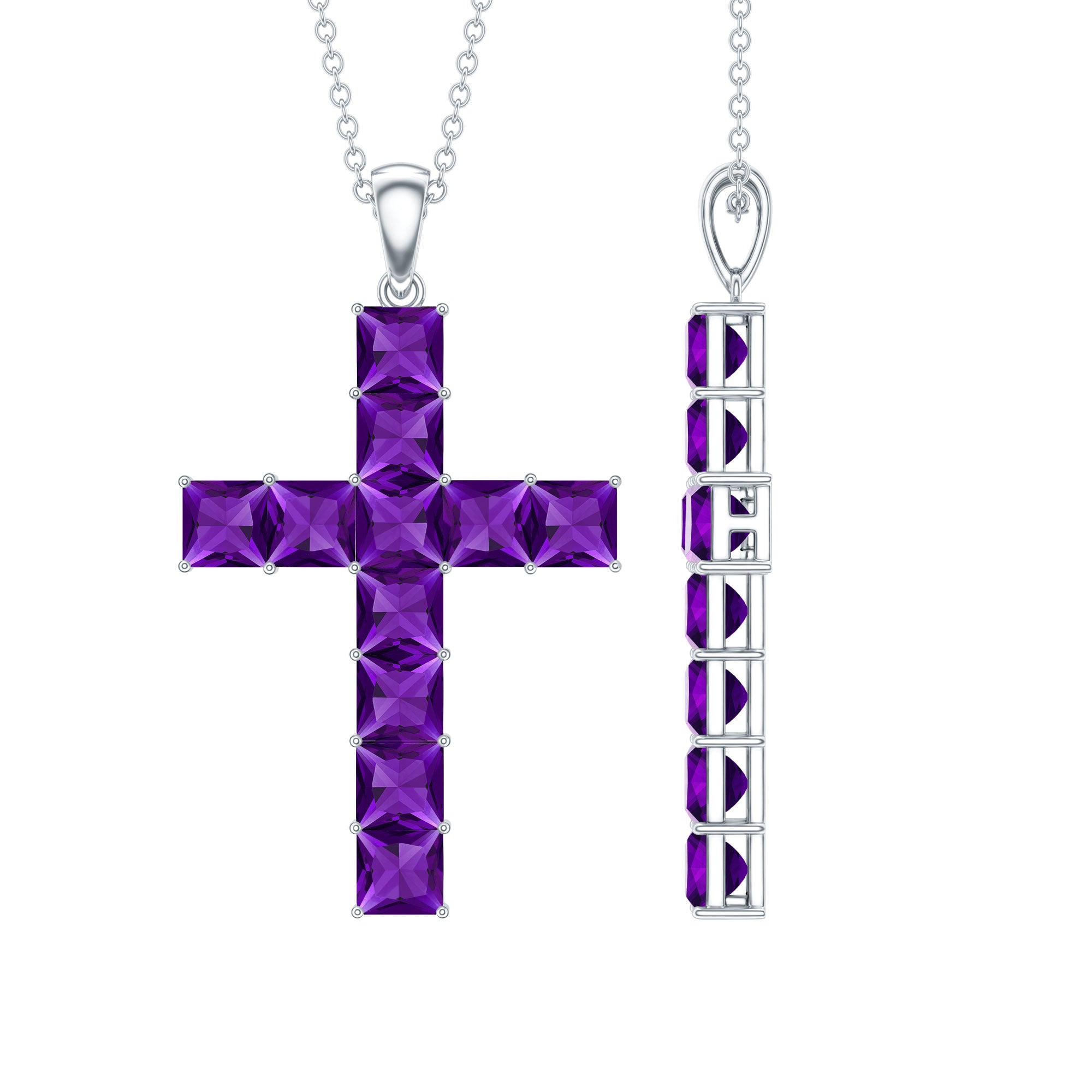 Princess Cut Amethyst Cross Pendant Necklace with Silver Chain AAA 92.5 Sterling Silver - Rosec Jewels