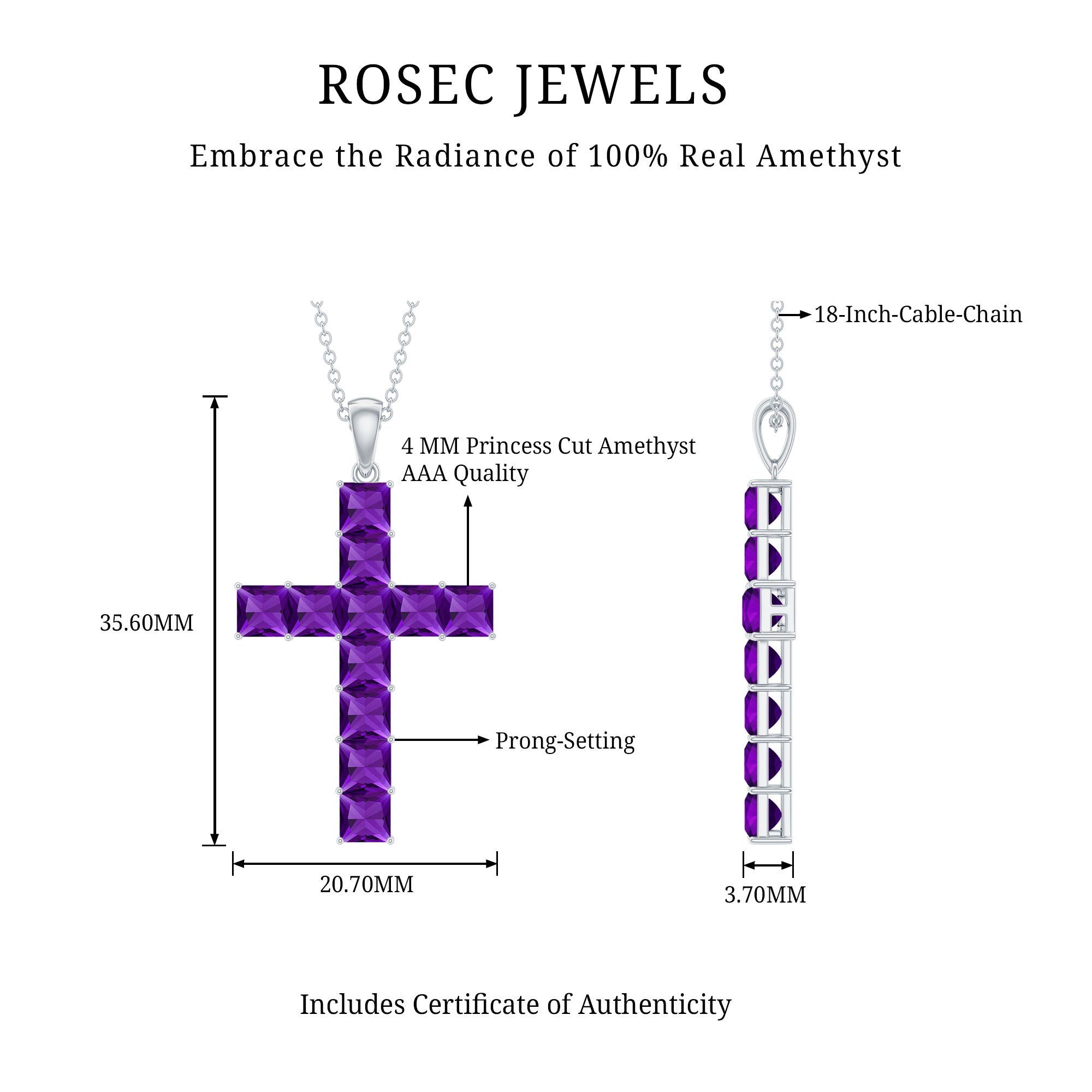 Princess Cut Amethyst Cross Pendant Necklace with Silver Chain AAA 92.5 Sterling Silver - Rosec Jewels