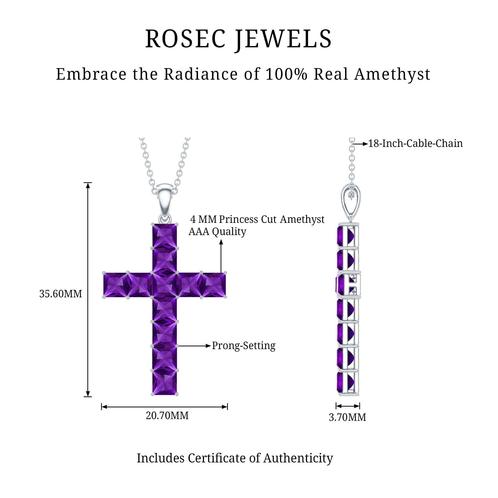 Princess Cut Amethyst Cross Pendant Necklace with Silver Chain AAA 92.5 Sterling Silver - Rosec Jewels