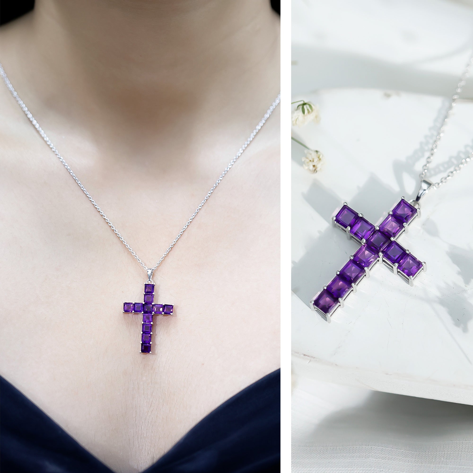 Princess Cut Amethyst Cross Pendant Necklace with Silver Chain AAA 92.5 Sterling Silver - Rosec Jewels