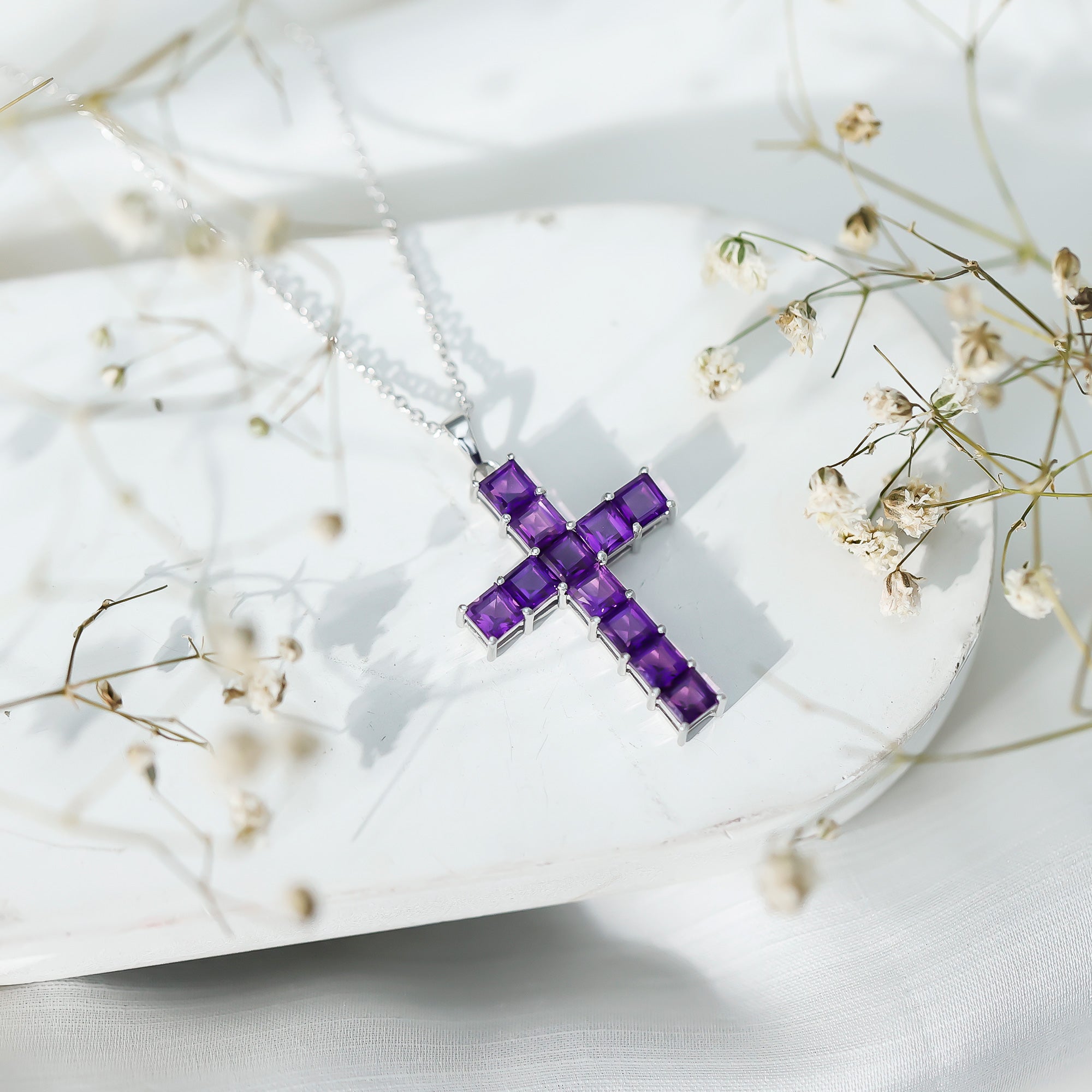 Princess Cut Amethyst Cross Pendant Necklace with Silver Chain AAA 92.5 Sterling Silver - Rosec Jewels