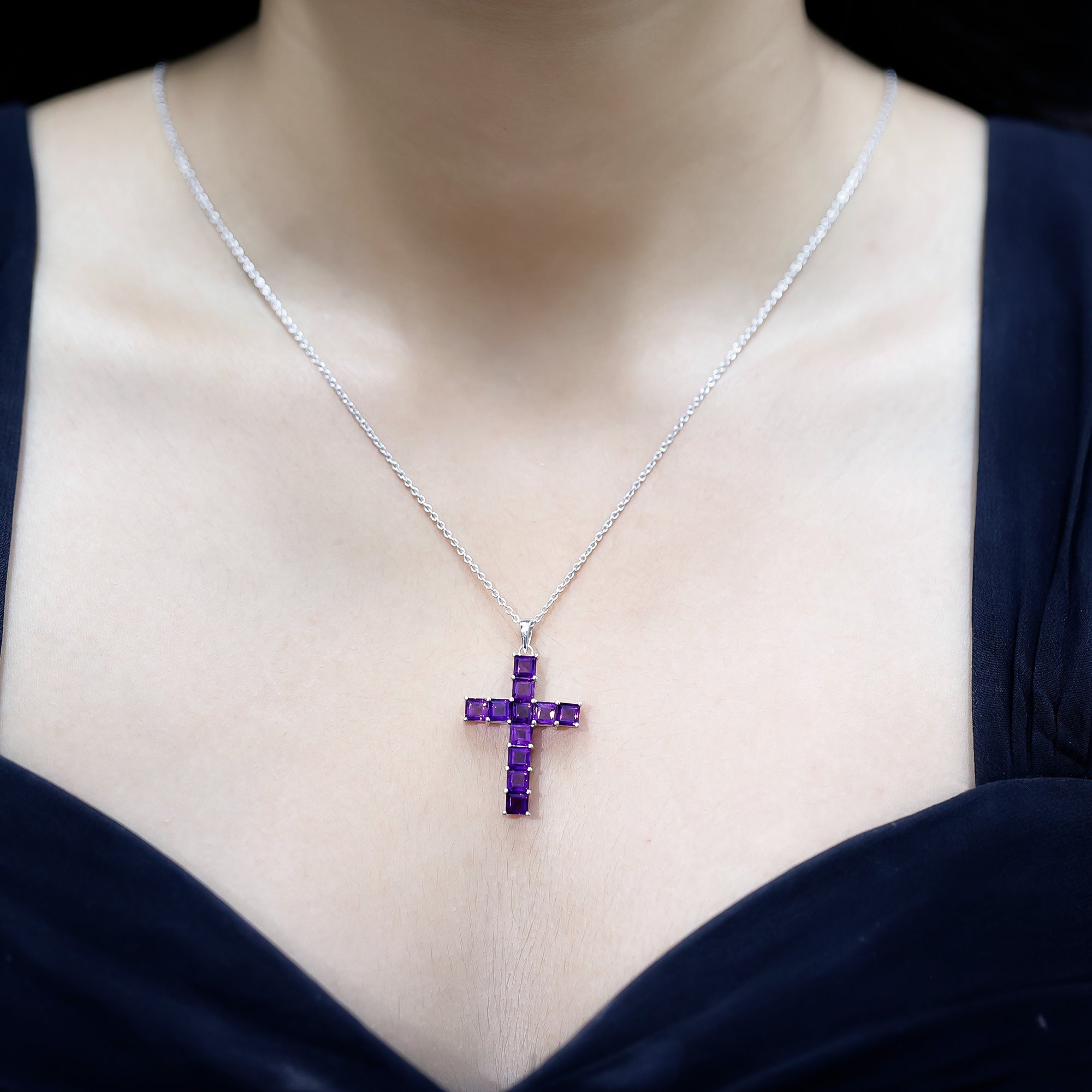 Princess Cut Amethyst Cross Pendant Necklace with Silver Chain AAA 92.5 Sterling Silver - Rosec Jewels