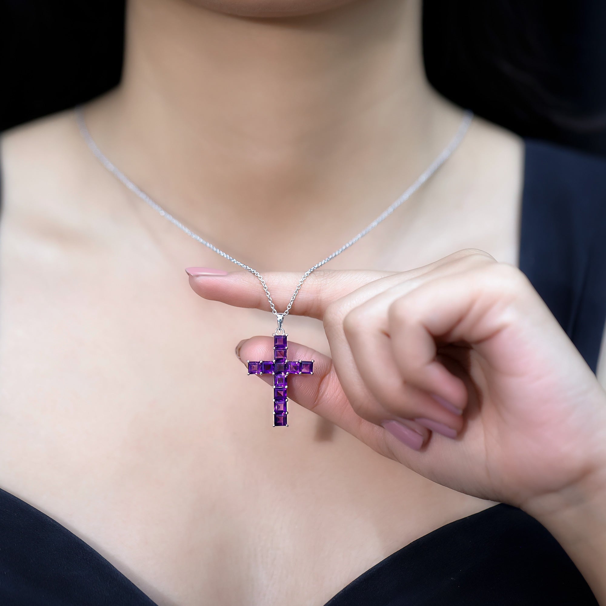Princess Cut Amethyst Cross Pendant Necklace with Silver Chain AAA 92.5 Sterling Silver - Rosec Jewels
