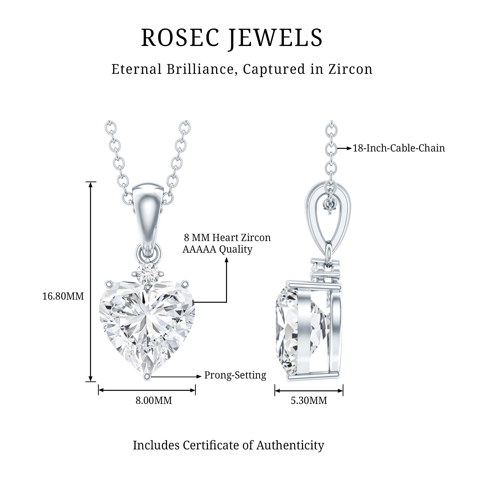 Certified Cubic Zirconia Heart Locket with Silver Chain AAAAA 92.5 Sterling Silver - Rosec Jewels
