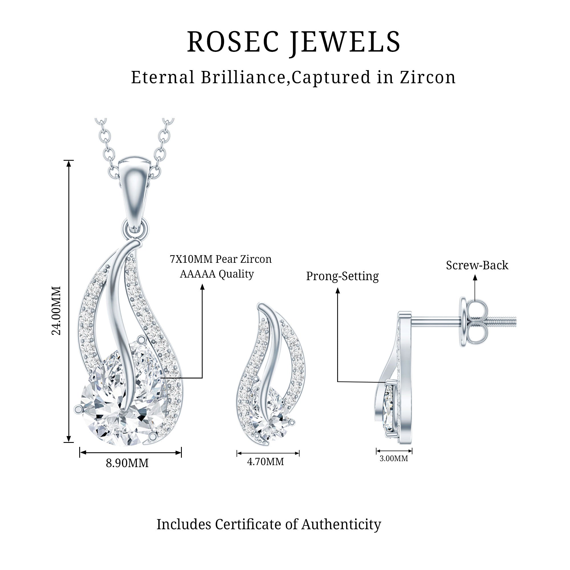3 Carat Pear Cubic Zirconia Bridal Necklace and Earrings Set in Silver AAAAA 92.5 Sterling Silver - Rosec Jewels