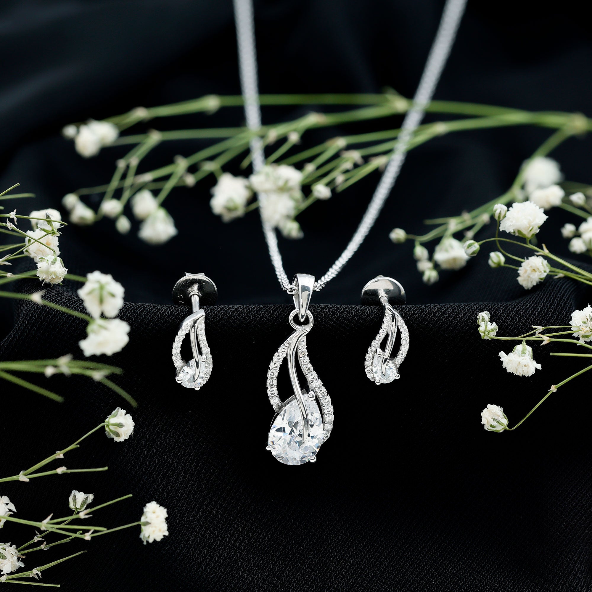 3 Carat Pear Cubic Zirconia Bridal Necklace and Earrings Set in Silver AAAAA 92.5 Sterling Silver - Rosec Jewels