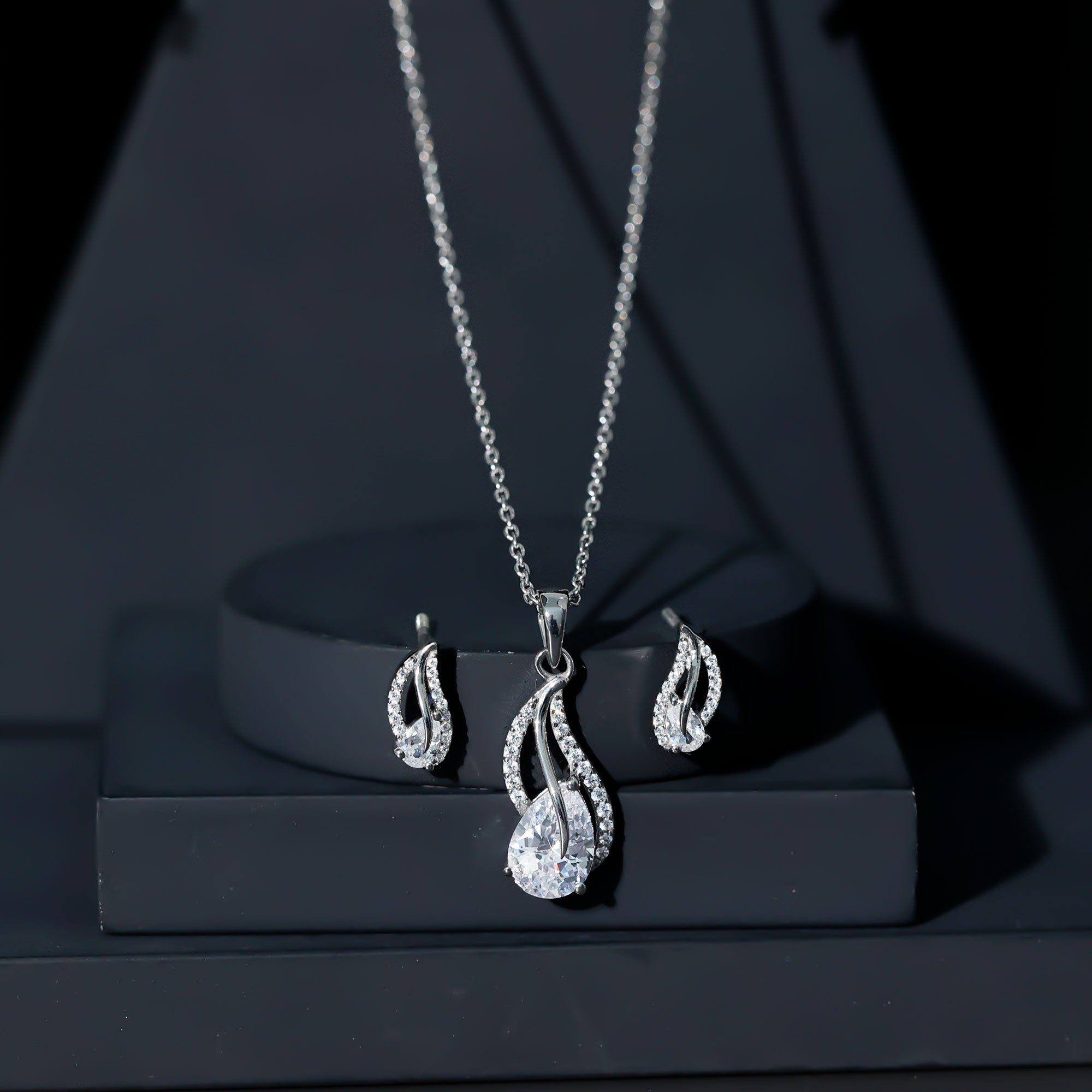 3 Carat Pear Cubic Zirconia Bridal Necklace and Earrings Set in Silver AAAAA 92.5 Sterling Silver - Rosec Jewels
