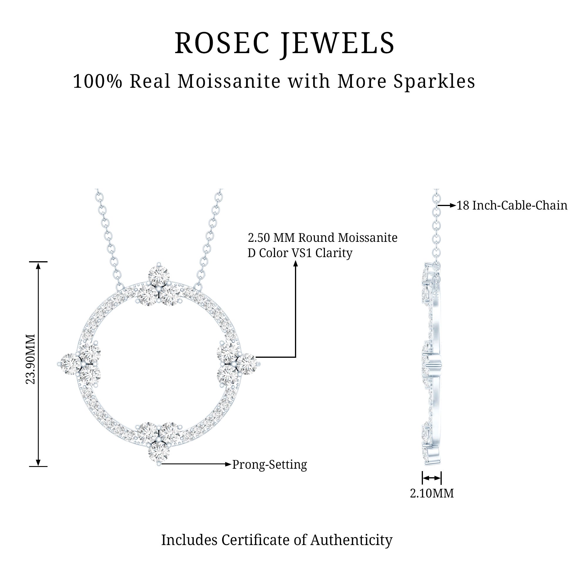 Certified Moissanite Eternity Promise Necklace in 14K Gold Plated Silver D-VS1 92.5 Sterling Silver - Rosec Jewels