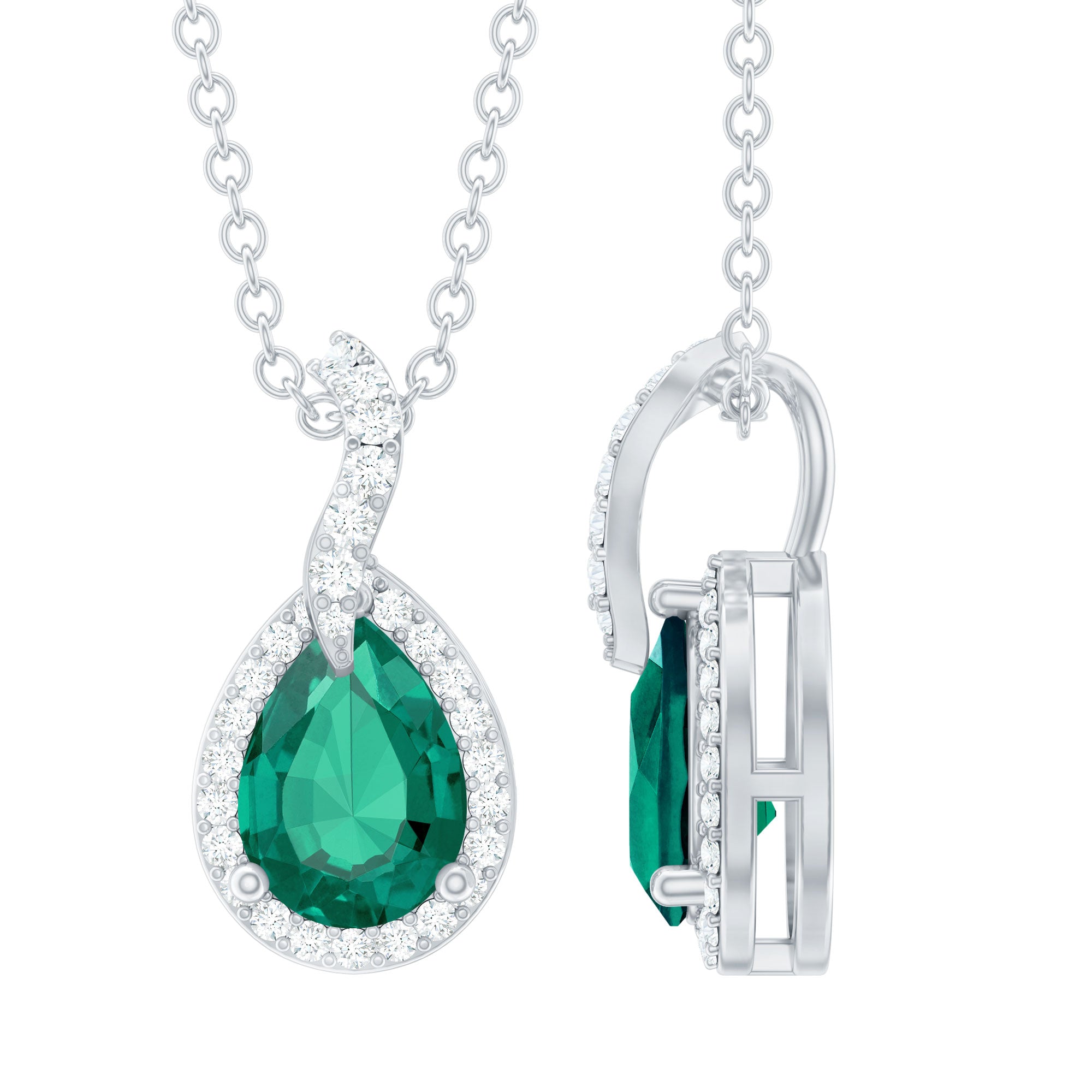 0.7 Carat Lab Grown Emerald and Moissanite Teardrop Necklace with Chain AAAA 92.5 Sterling Silver - Rosec Jewels
