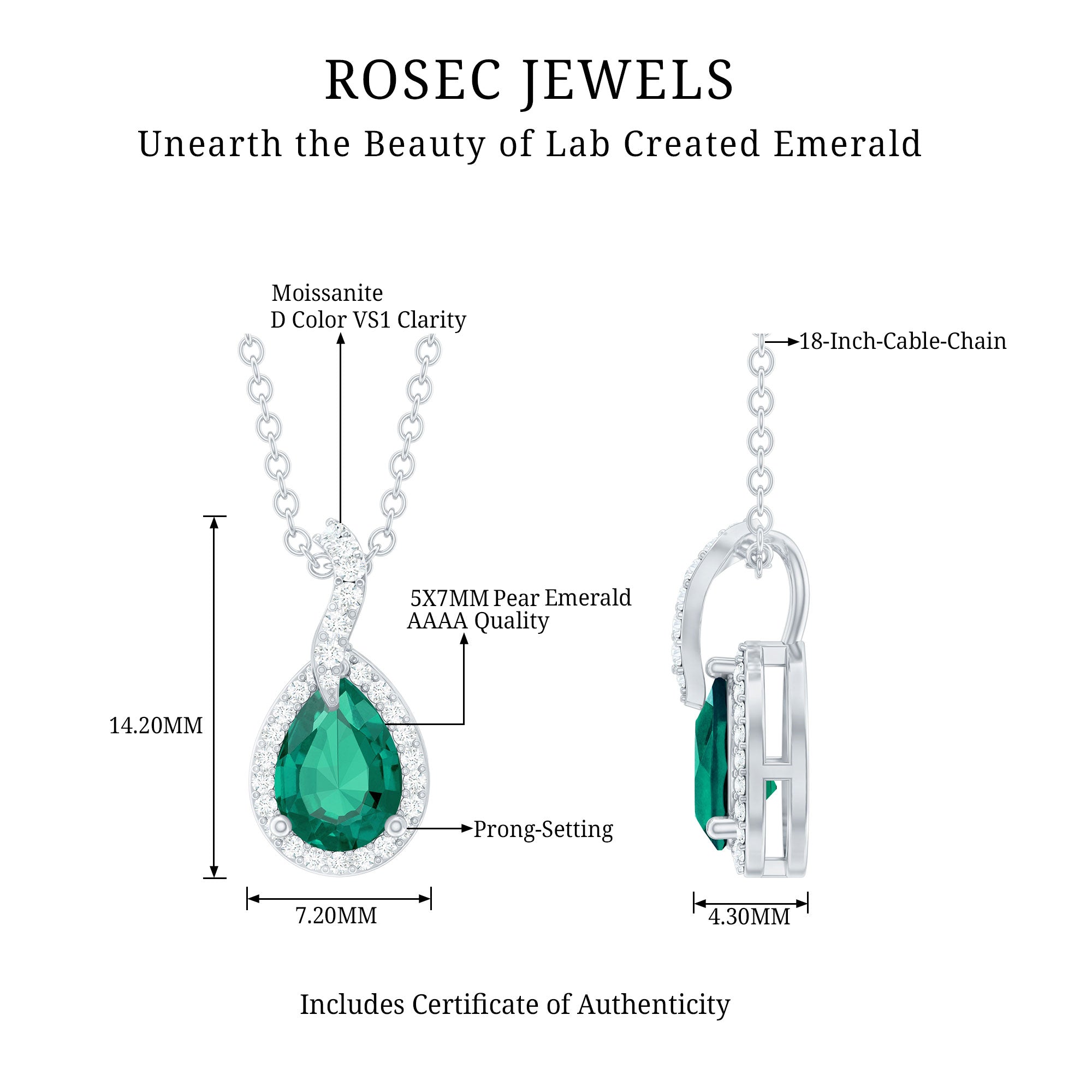 0.7 Carat Lab Grown Emerald and Moissanite Teardrop Necklace with Chain AAAA 92.5 Sterling Silver - Rosec Jewels