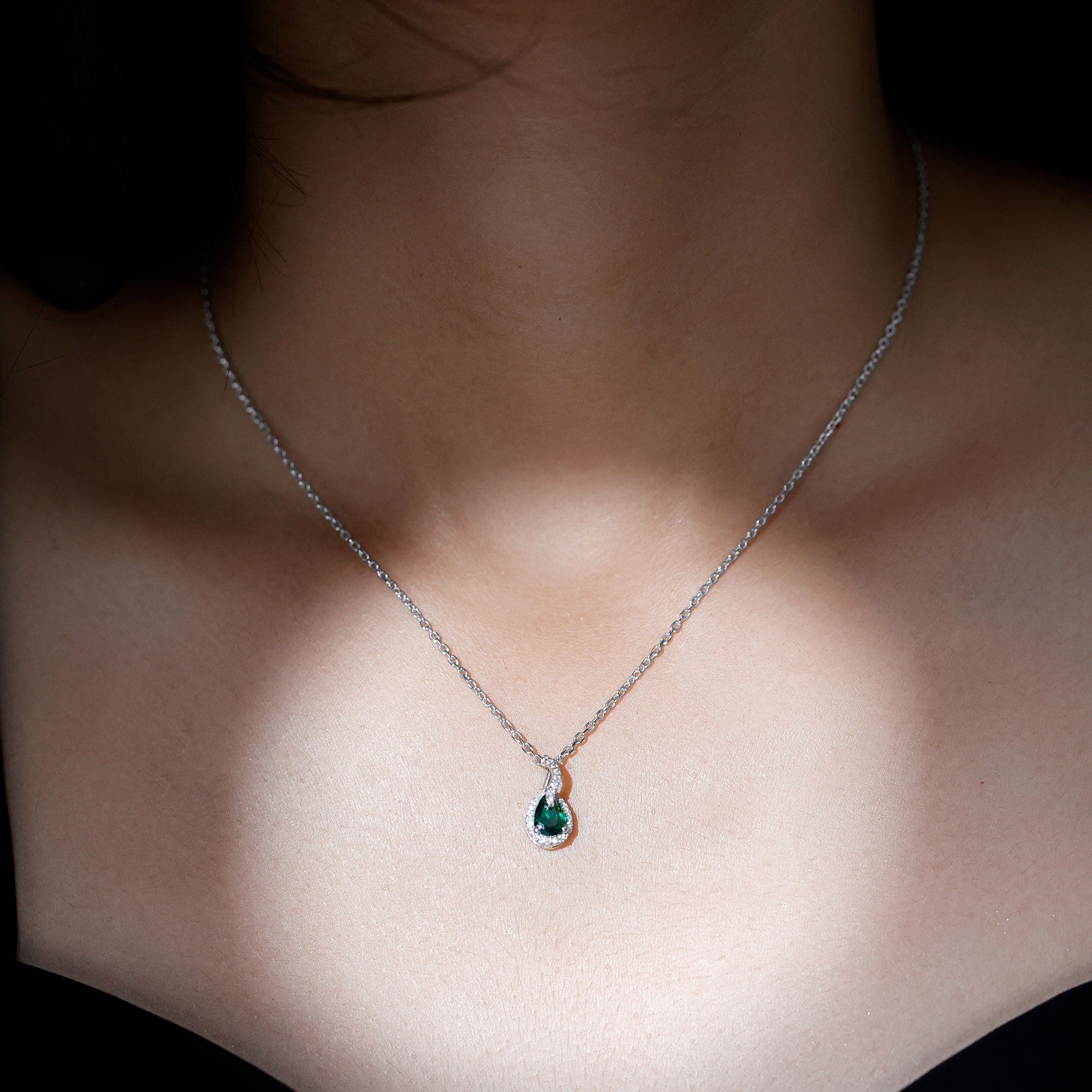 0.7 Carat Lab Grown Emerald and Moissanite Teardrop Necklace with Chain AAAA 92.5 Sterling Silver - Rosec Jewels