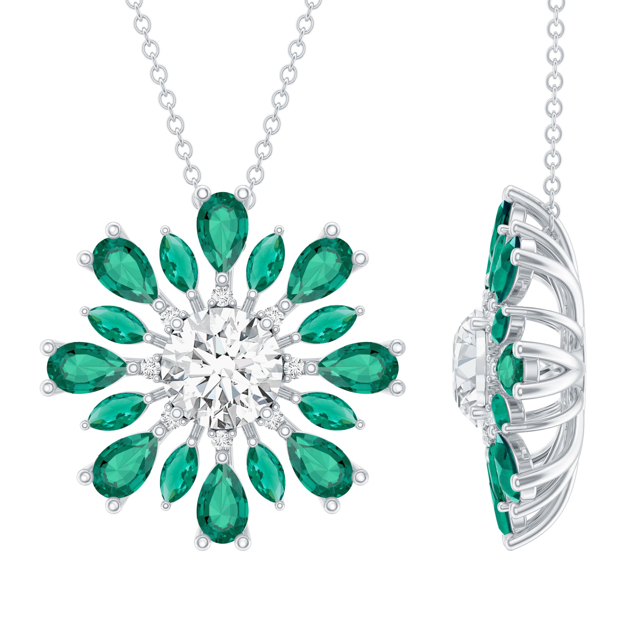 Certified 1.3 Carat Moissanite Statement Flower Necklace With Lab Emerald D-VS1 92.5 Sterling Silver - Rosec Jewels