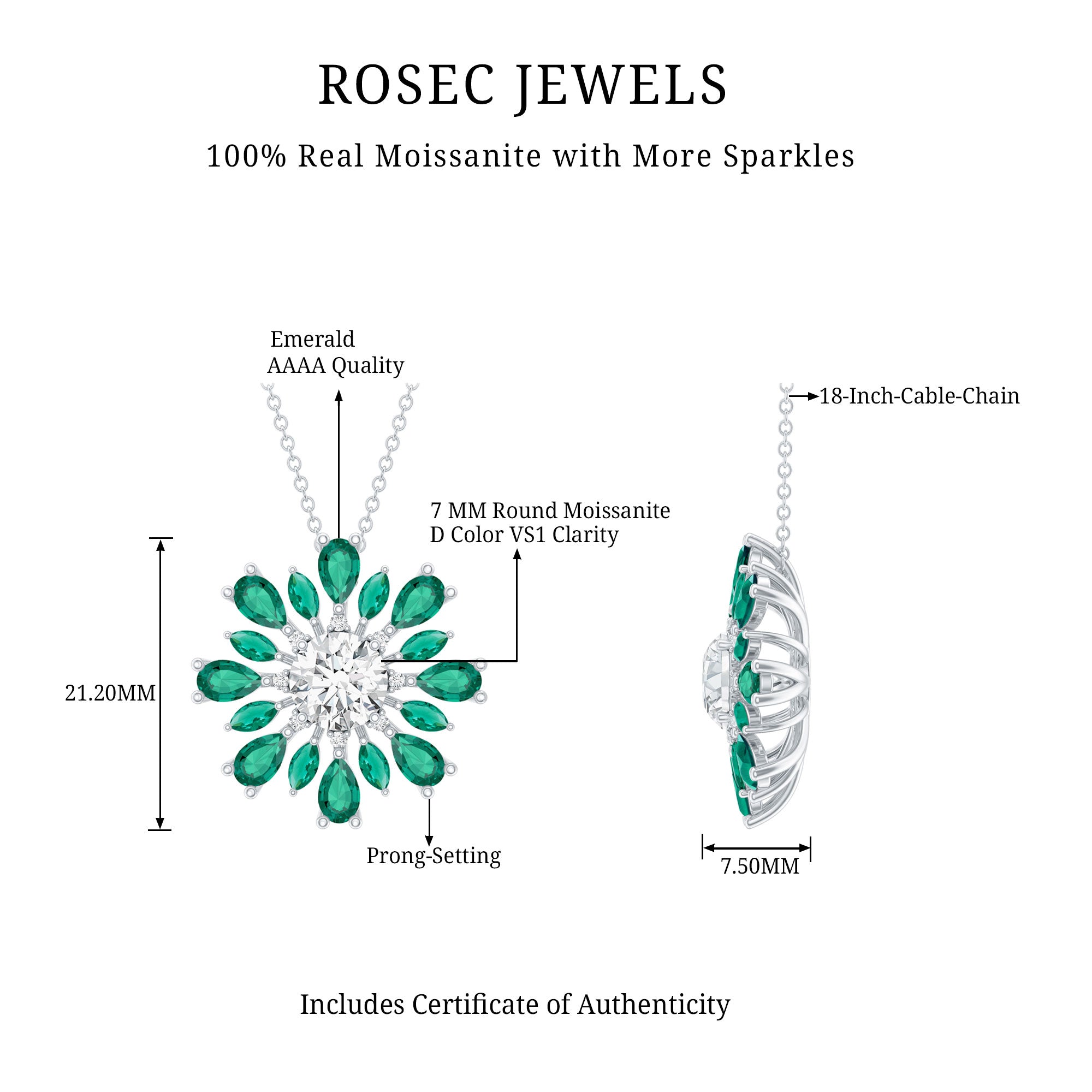 Certified 1.3 Carat Moissanite Statement Flower Necklace With Lab Emerald D-VS1 92.5 Sterling Silver - Rosec Jewels