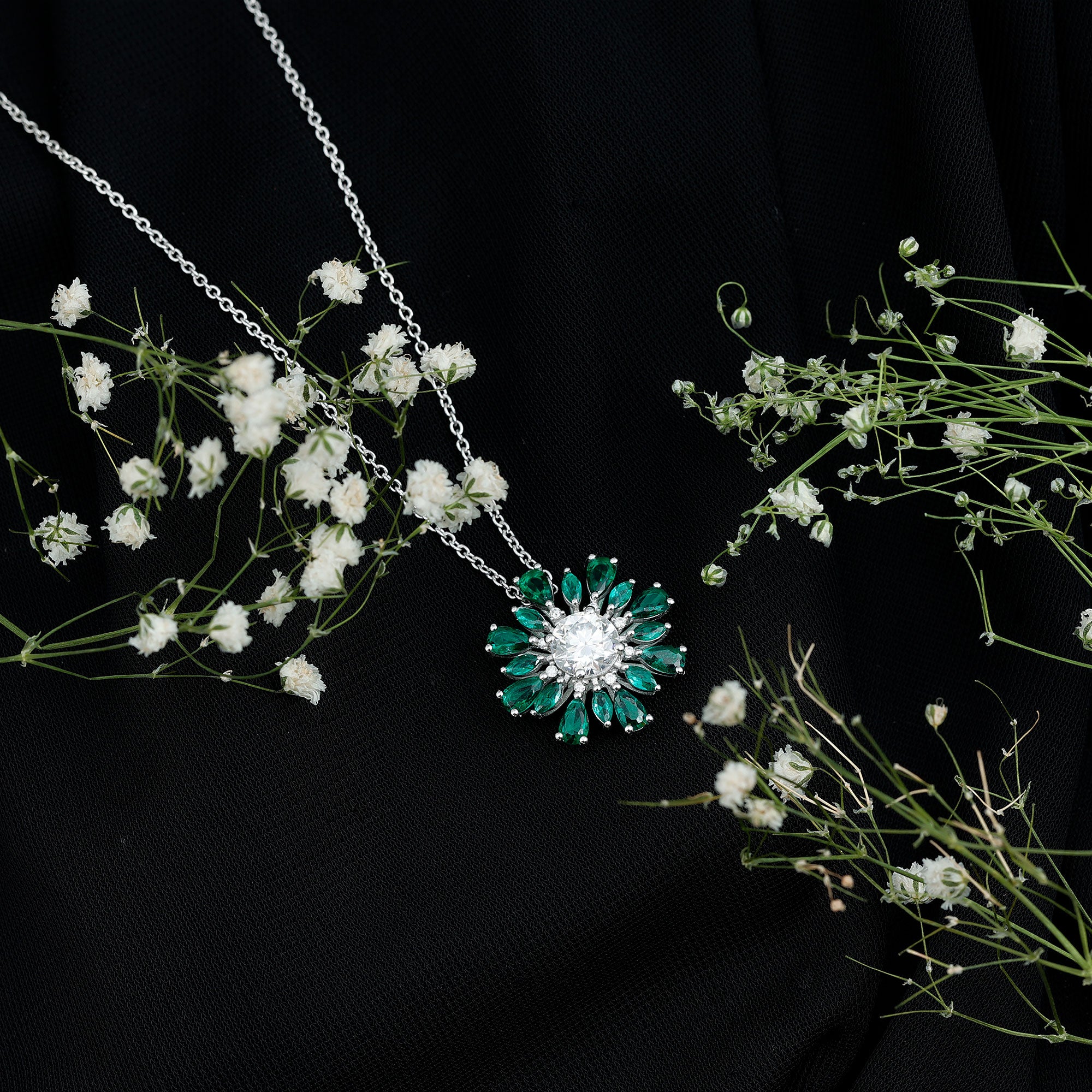 Certified 1.3 Carat Moissanite Statement Flower Necklace With Lab Emerald D-VS1 92.5 Sterling Silver - Rosec Jewels