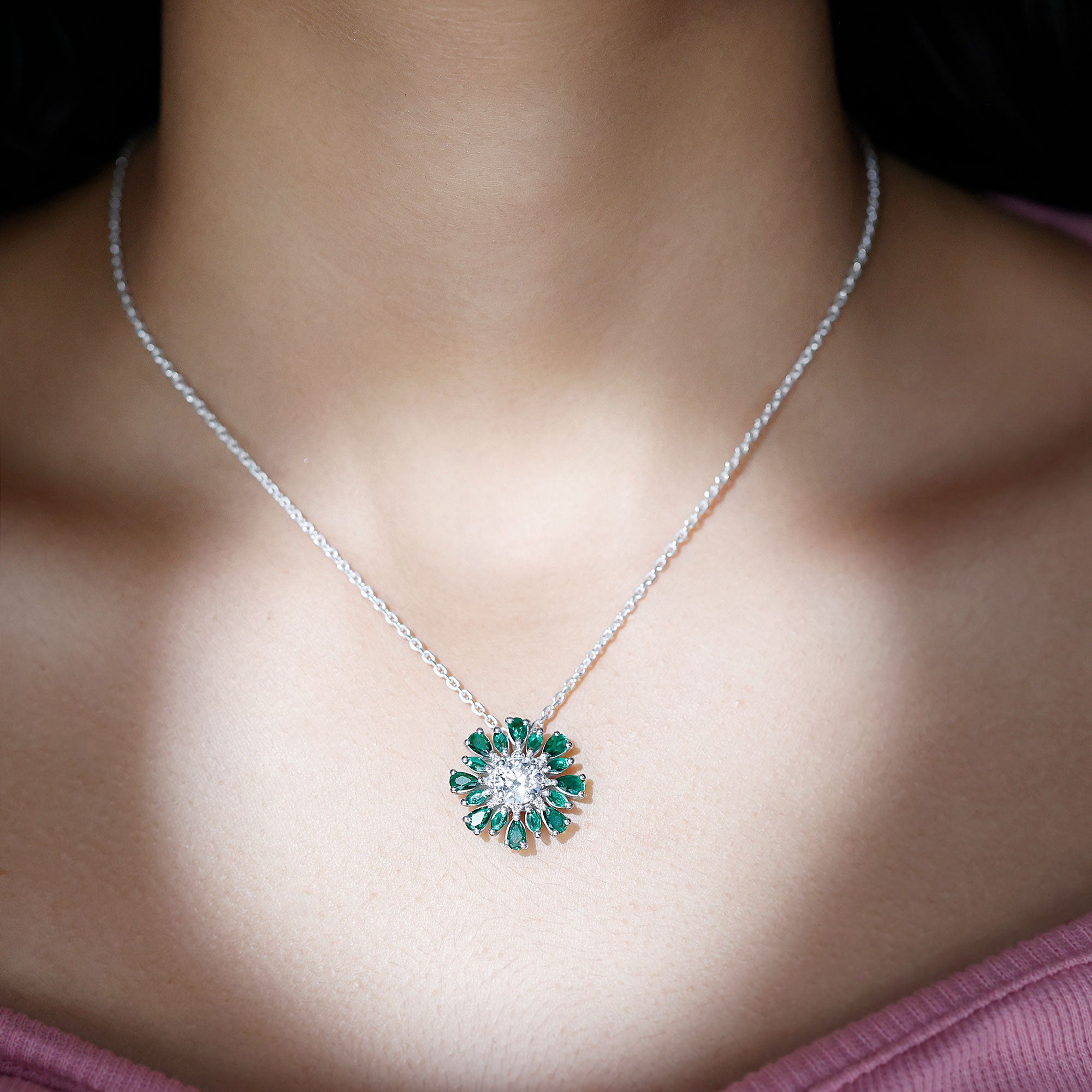 Rosec Jewels-Certified Moissanite Flower Designer Necklace With Lab Emerald
