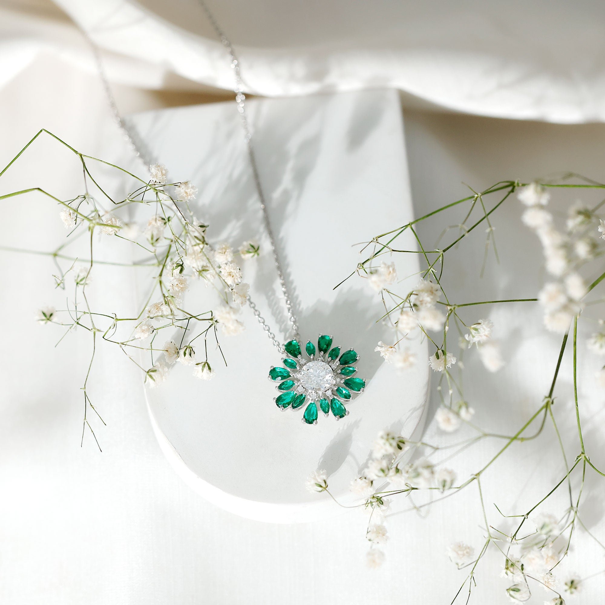 Certified 1.3 Carat Moissanite Statement Flower Necklace With Lab Emerald D-VS1 92.5 Sterling Silver - Rosec Jewels