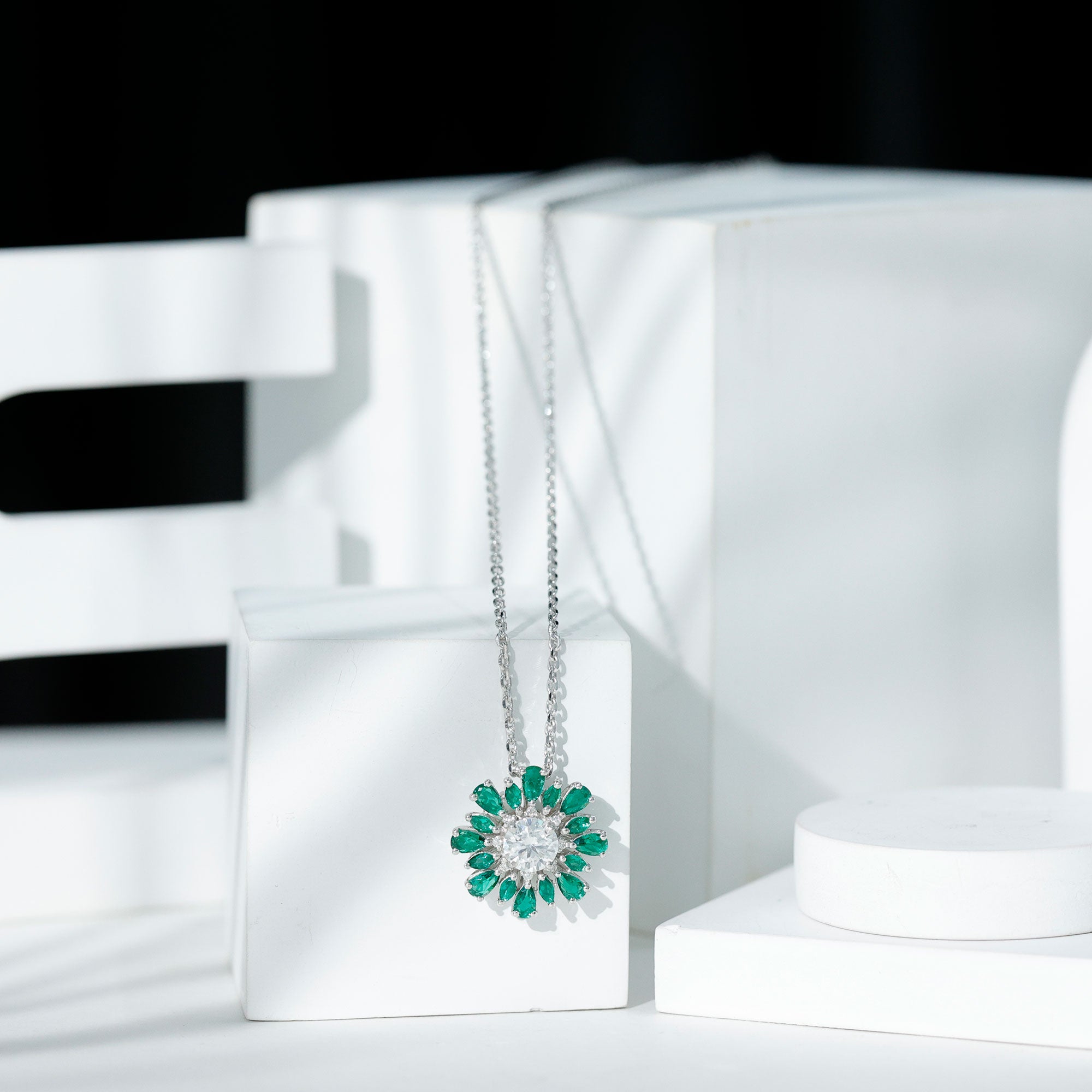 Certified 1.3 Carat Moissanite Statement Flower Necklace With Lab Emerald D-VS1 92.5 Sterling Silver - Rosec Jewels