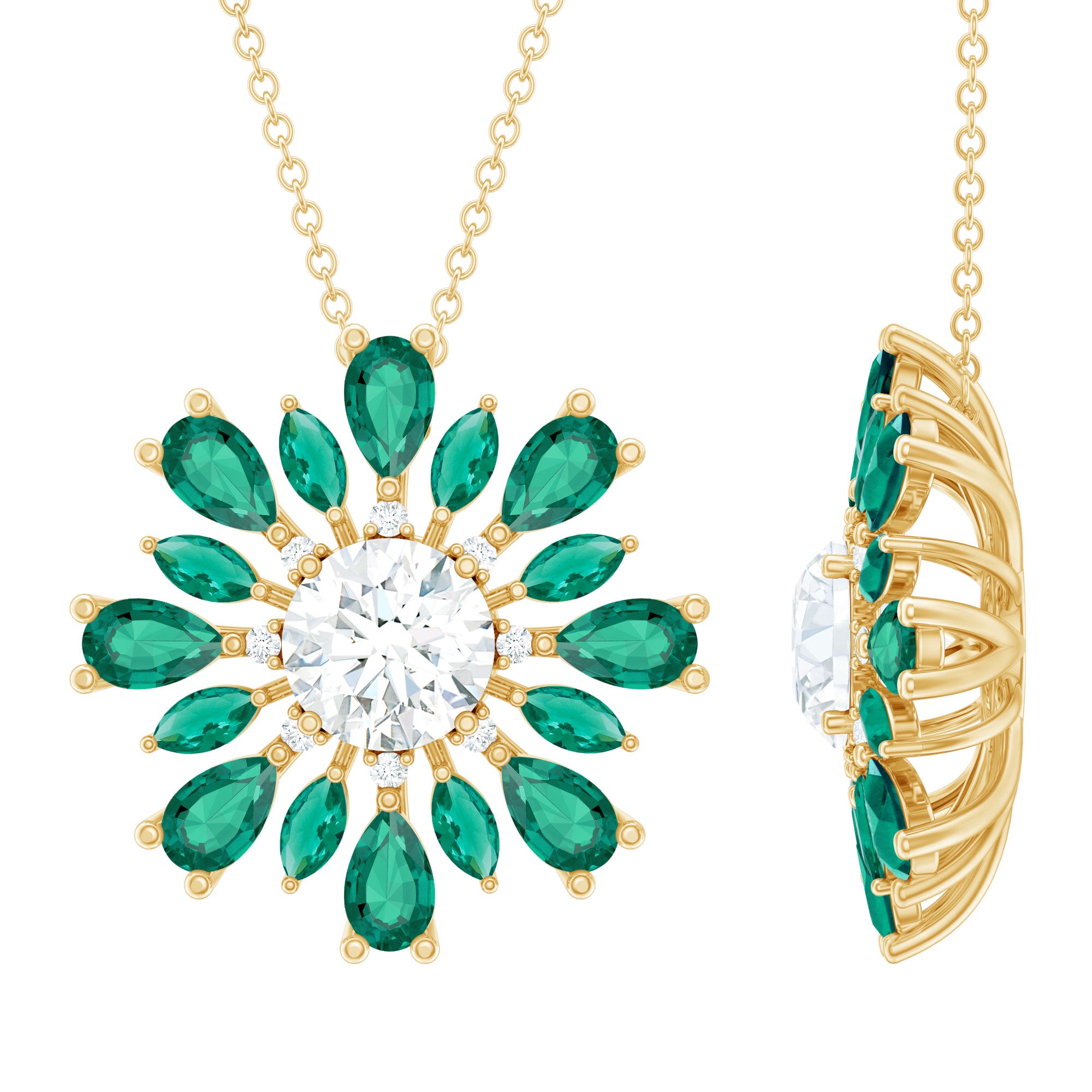 Rosec Jewels-Certified Moissanite Flower Designer Necklace With Lab Emerald