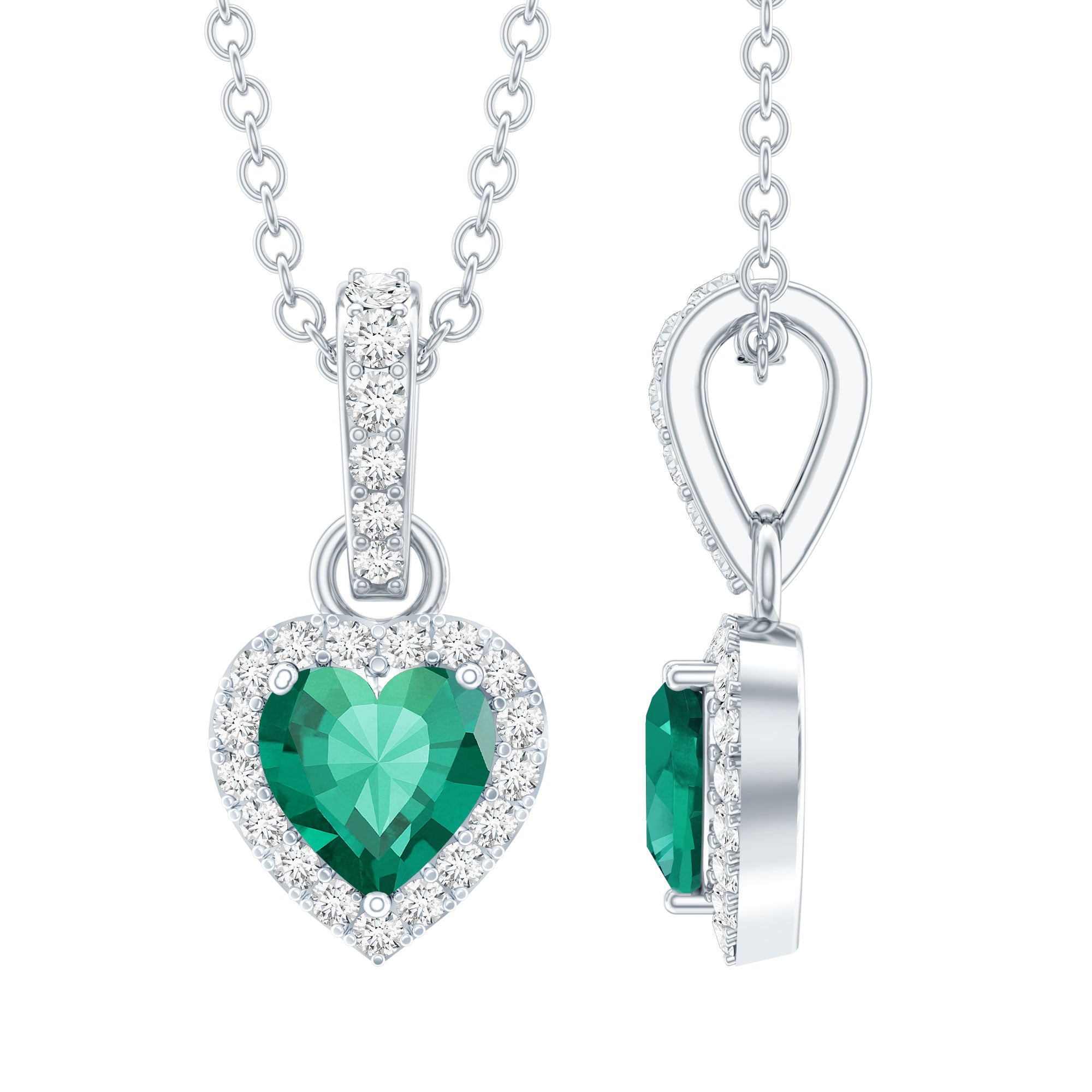 1.37 Carat Lab Grown Emerald Heart Necklace with Moissanite Halo AAAA 92.5 Sterling Silver - Rosec Jewels
