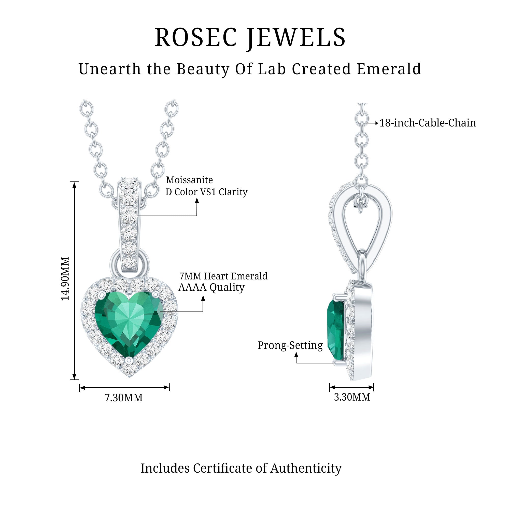 1.37 Carat Lab Grown Emerald Heart Necklace with Moissanite Halo AAAA 92.5 Sterling Silver - Rosec Jewels