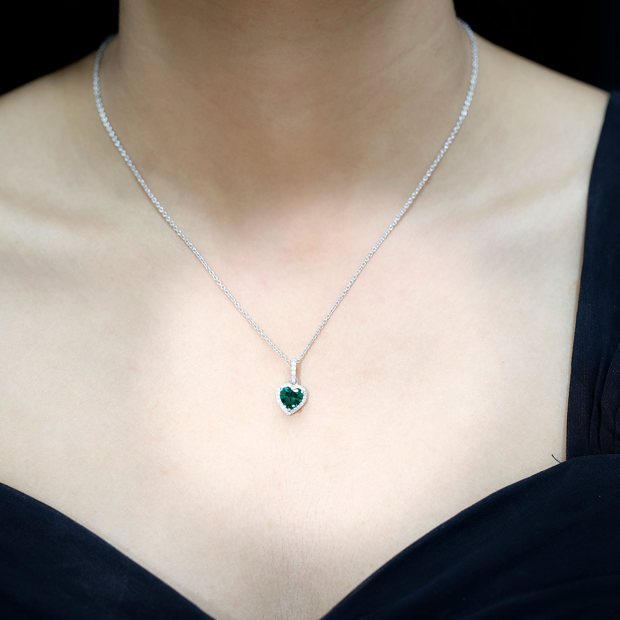 1.37 Carat Lab Grown Emerald Heart Necklace with Moissanite Halo AAAA 92.5 Sterling Silver - Rosec Jewels