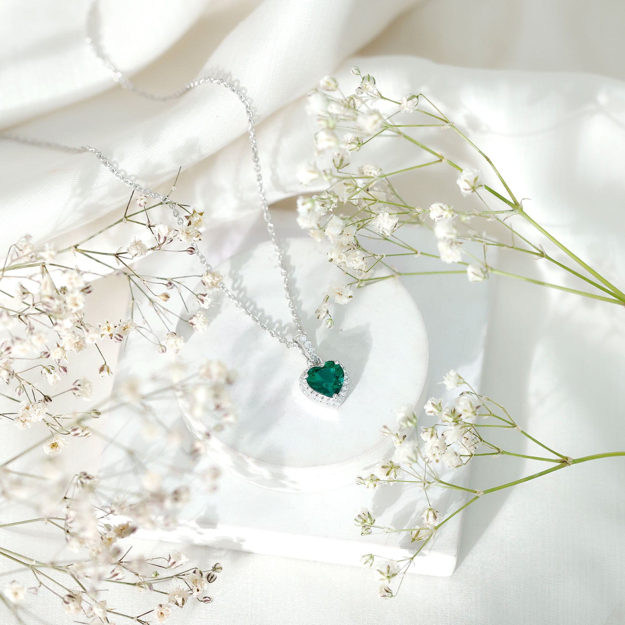 1.37 Carat Lab Grown Emerald Heart Necklace with Moissanite Halo AAAA 92.5 Sterling Silver - Rosec Jewels