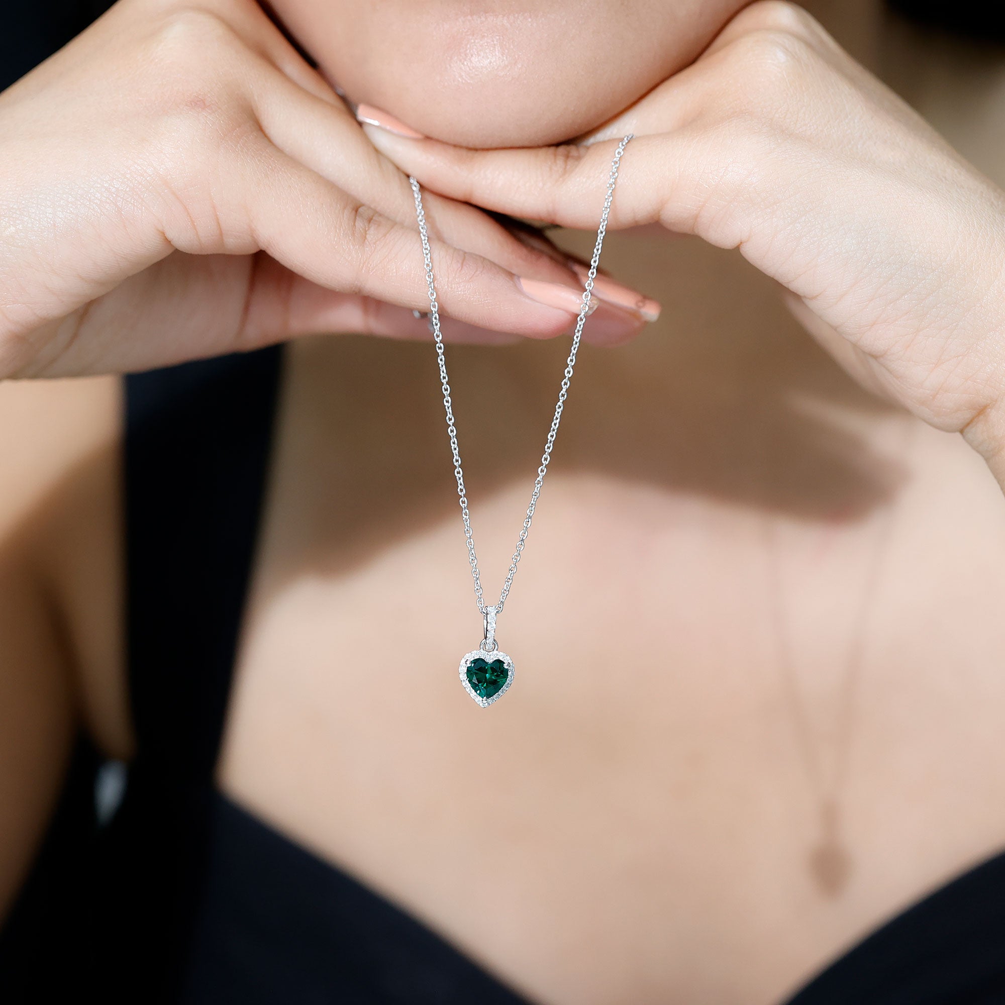 1.37 Carat Lab Grown Emerald Heart Necklace with Moissanite Halo AAAA 92.5 Sterling Silver - Rosec Jewels