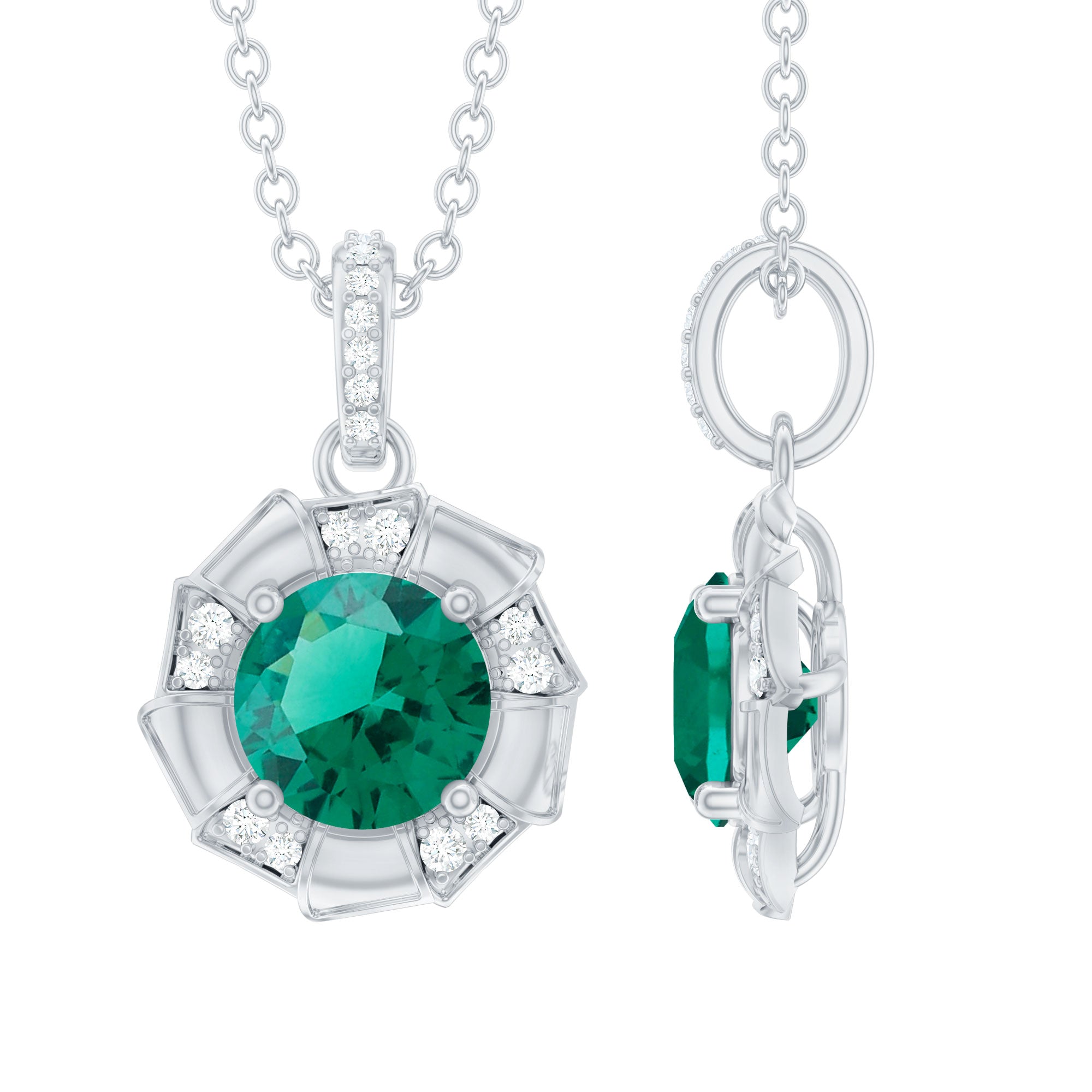Lab Grown Emerald Moissanite Vintage Inspired Necklace with Chain AAAA 92.5 Sterling Silver - Rosec Jewels