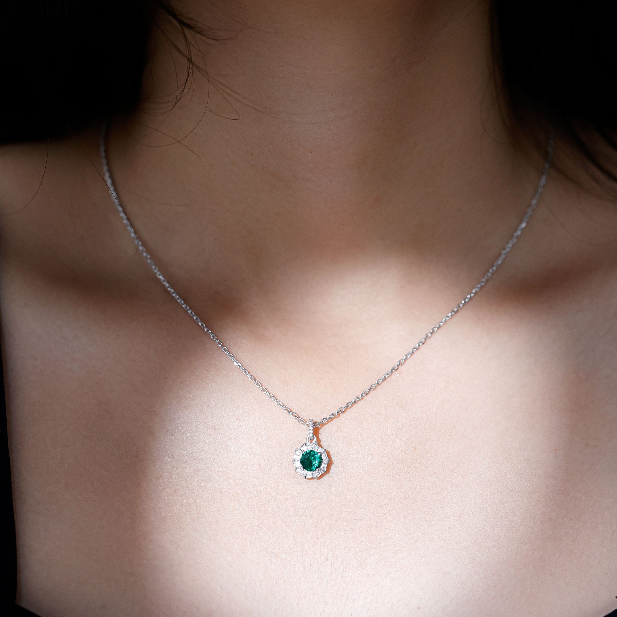 Lab Grown Emerald Moissanite Vintage Inspired Necklace with Chain AAAA 92.5 Sterling Silver - Rosec Jewels