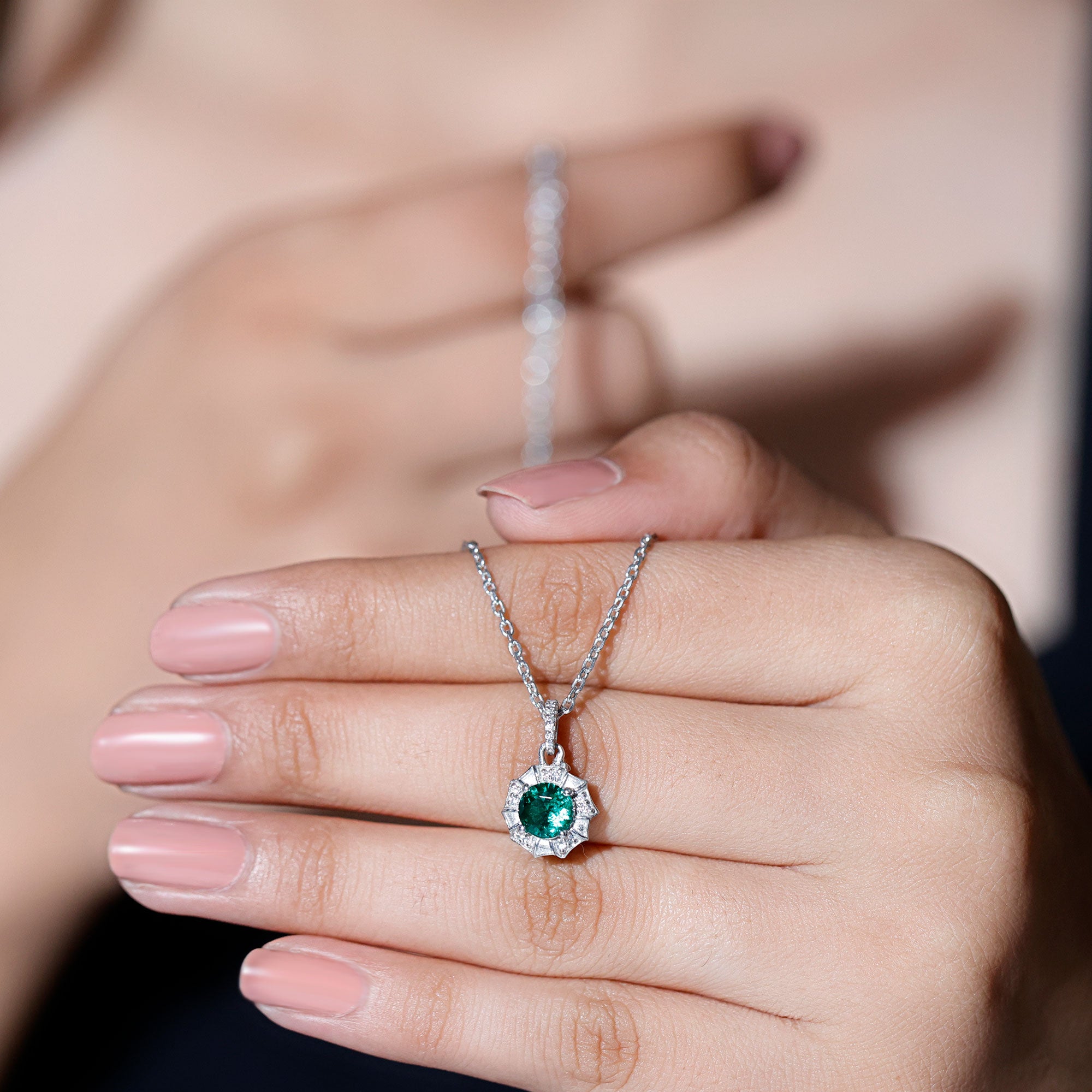 Lab Grown Emerald Moissanite Vintage Inspired Necklace with Chain AAAA 92.5 Sterling Silver - Rosec Jewels