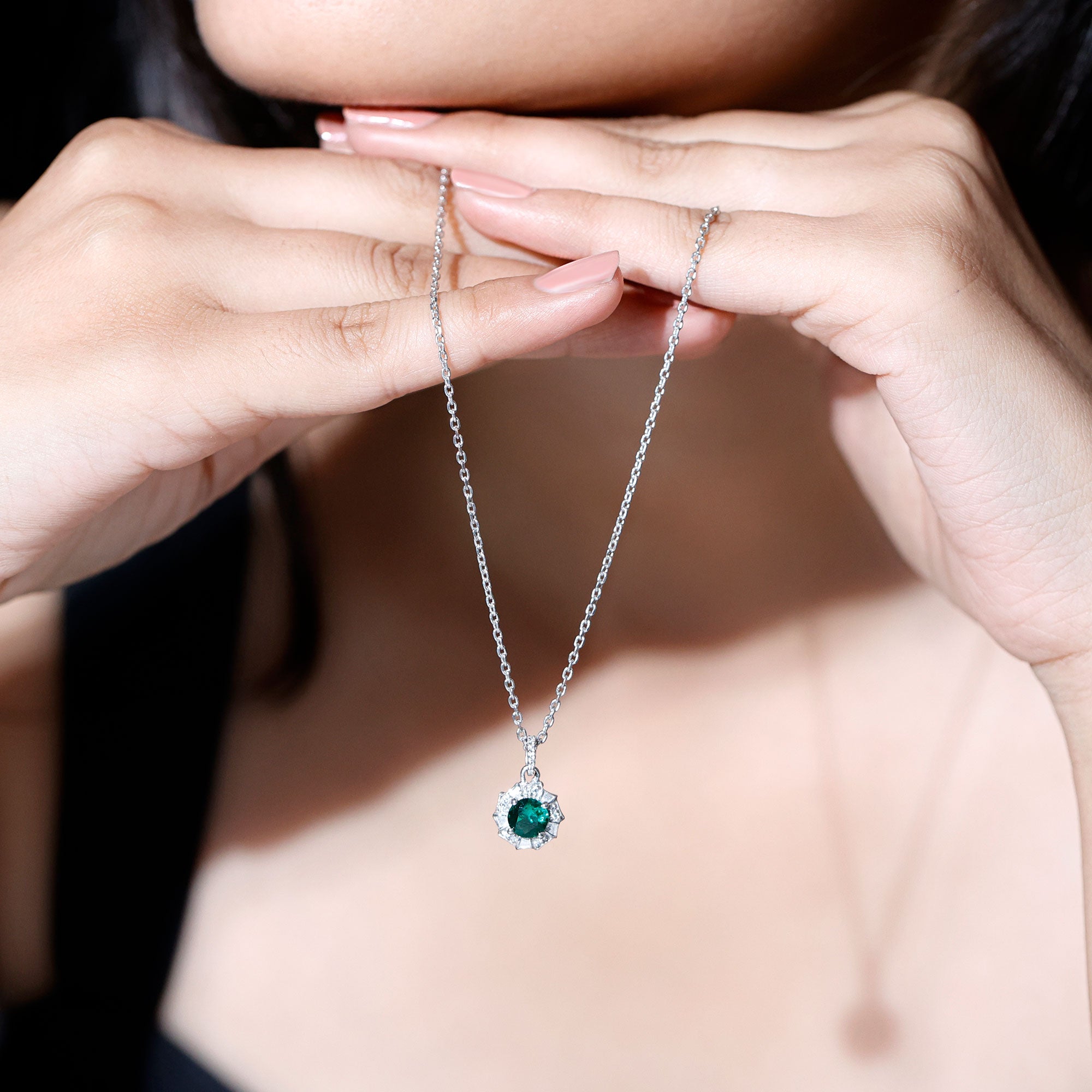 Lab Grown Emerald Moissanite Vintage Inspired Necklace with Chain AAAA 92.5 Sterling Silver - Rosec Jewels