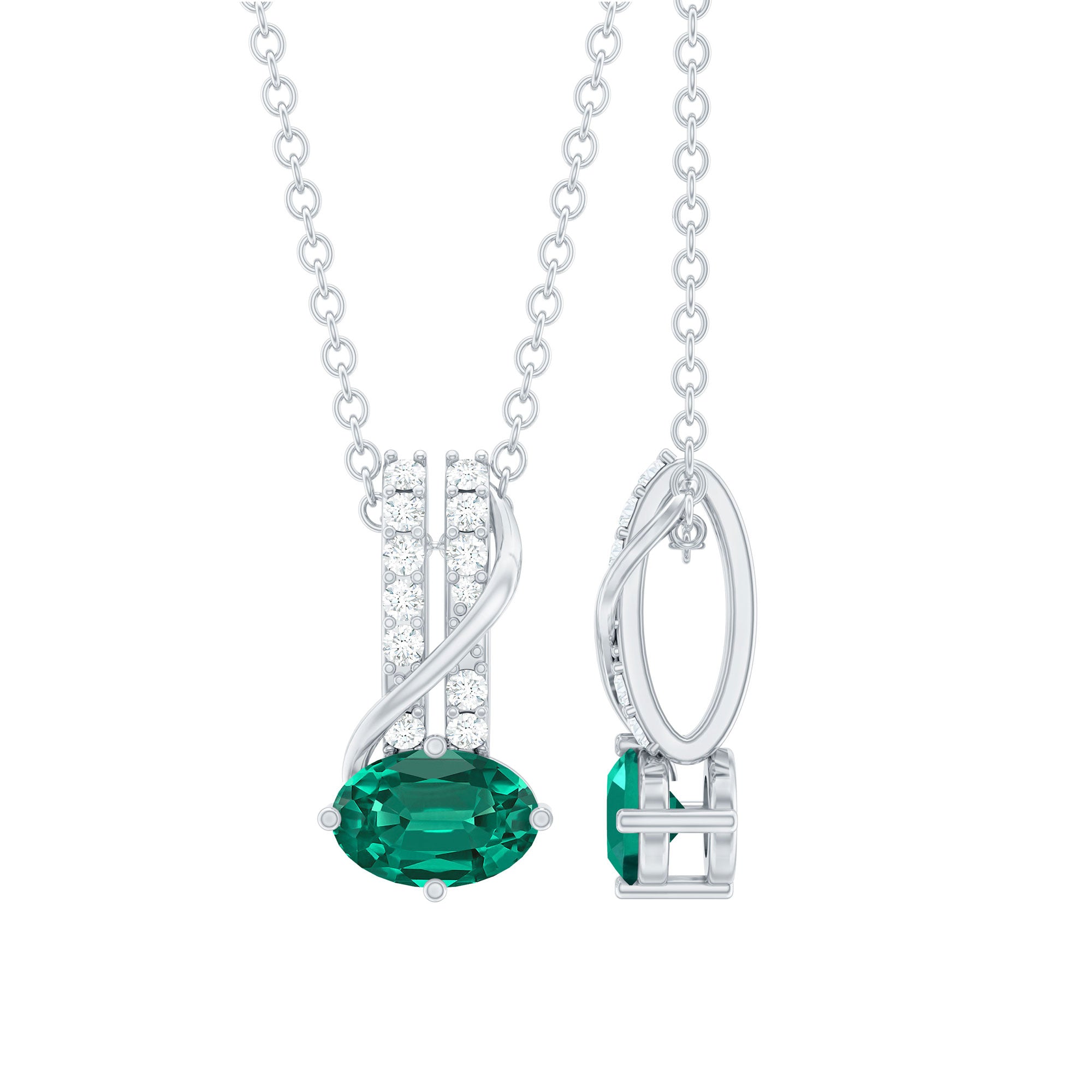 Oval Shaped Lab Emerald East West Necklace with Moissanite AAAA 92.5 Sterling Silver - Rosec Jewels