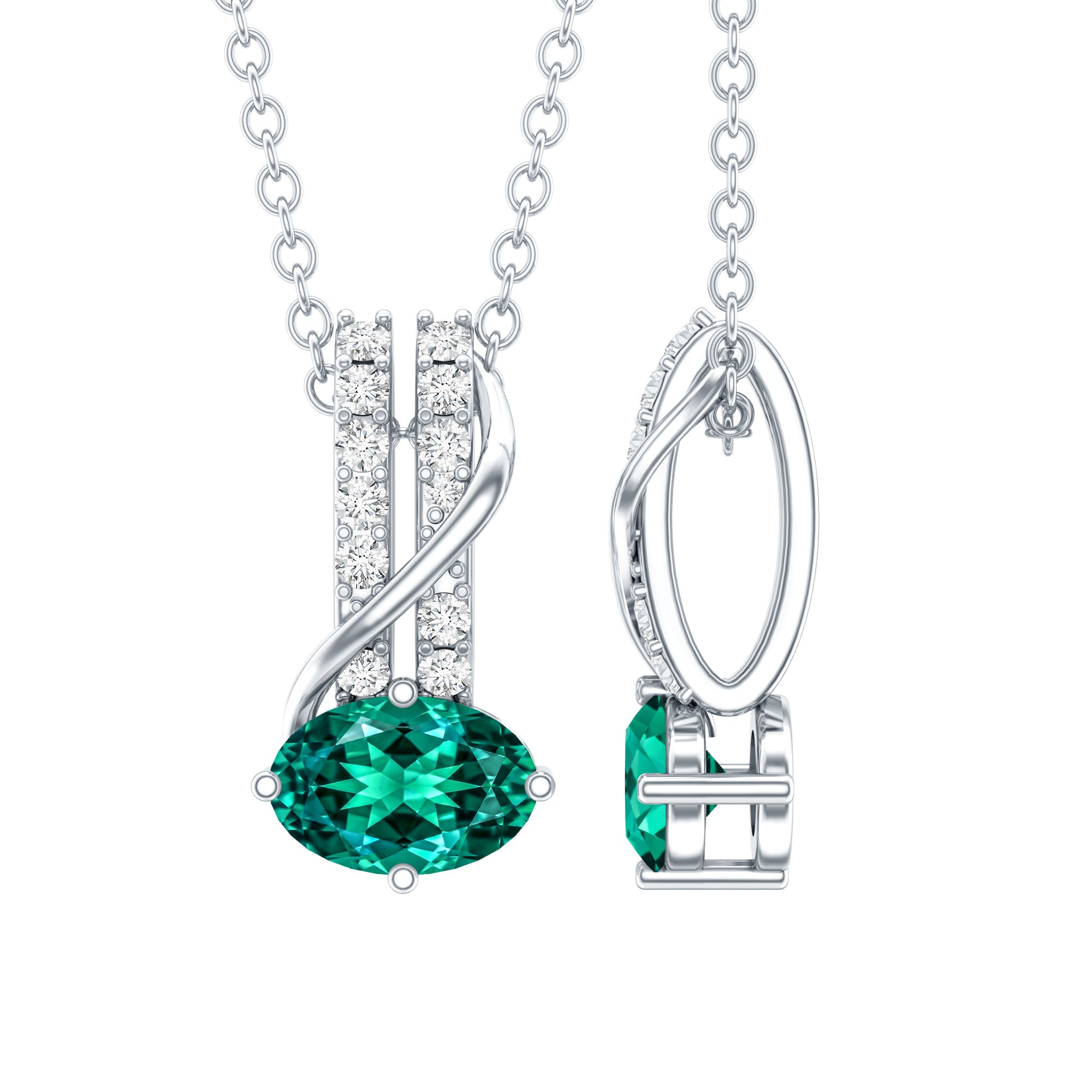 Oval Shaped Lab Emerald East West Necklace with Moissanite AAAA 92.5 Sterling Silver - Rosec Jewels