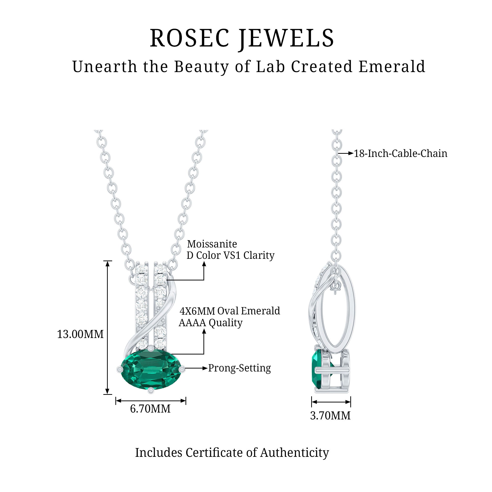 Oval Shaped Lab Emerald East West Necklace with Moissanite AAAA 92.5 Sterling Silver - Rosec Jewels