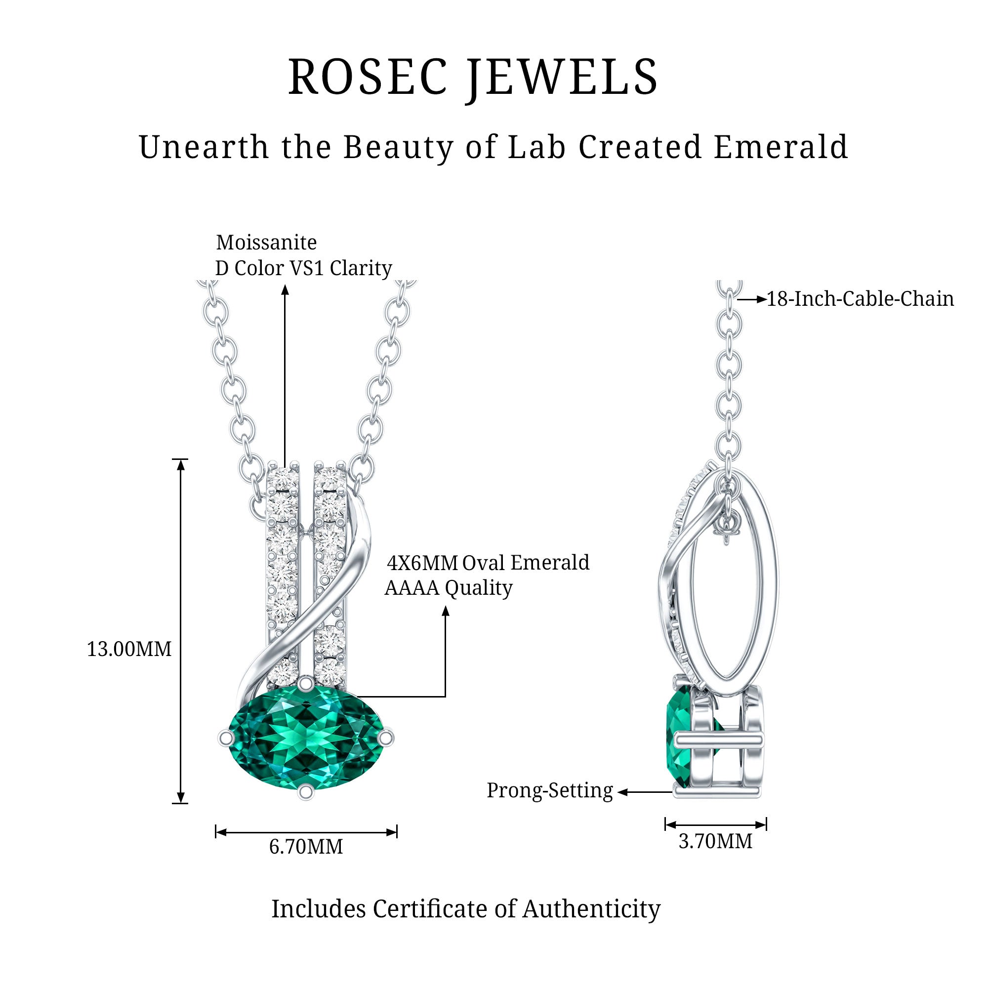 Oval Shaped Lab Emerald East West Necklace with Moissanite AAAA 92.5 Sterling Silver - Rosec Jewels