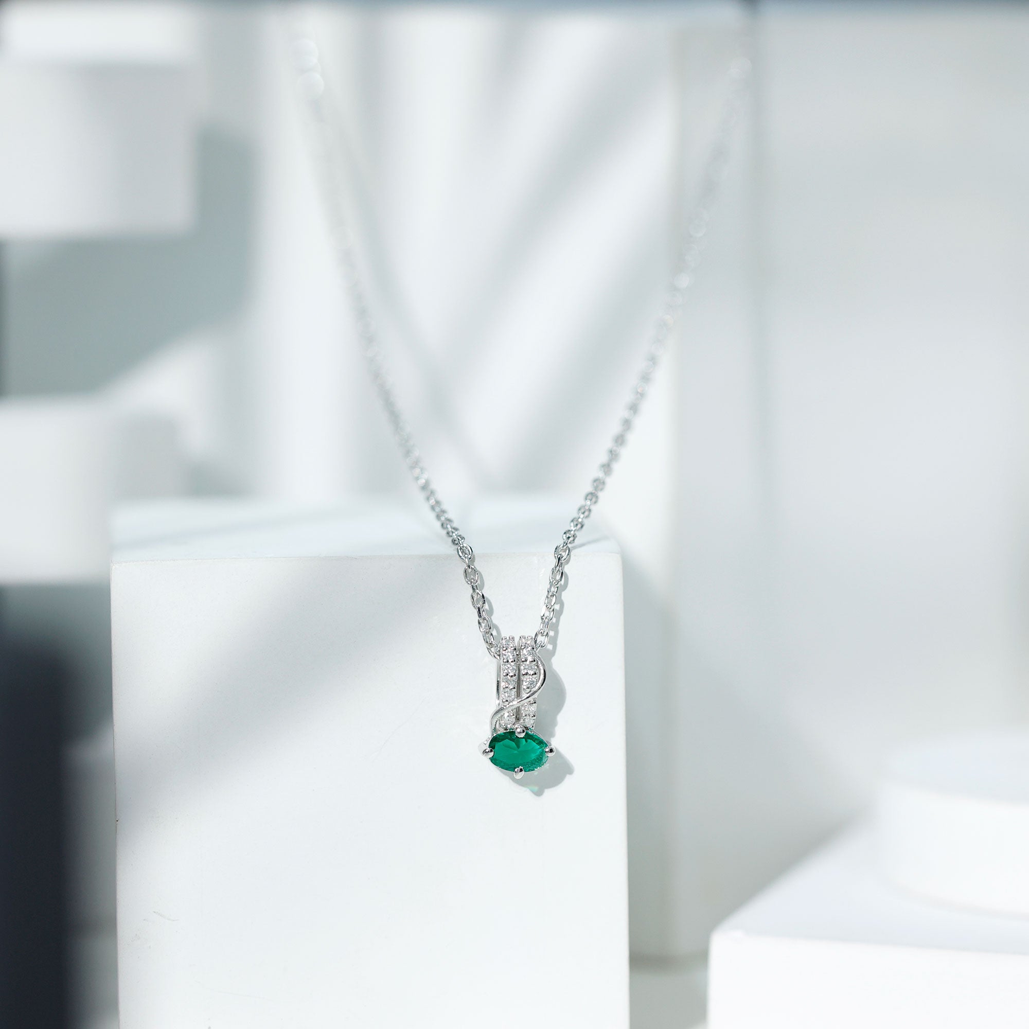 Oval Shaped Lab Emerald East West Necklace with Moissanite AAAA 92.5 Sterling Silver - Rosec Jewels