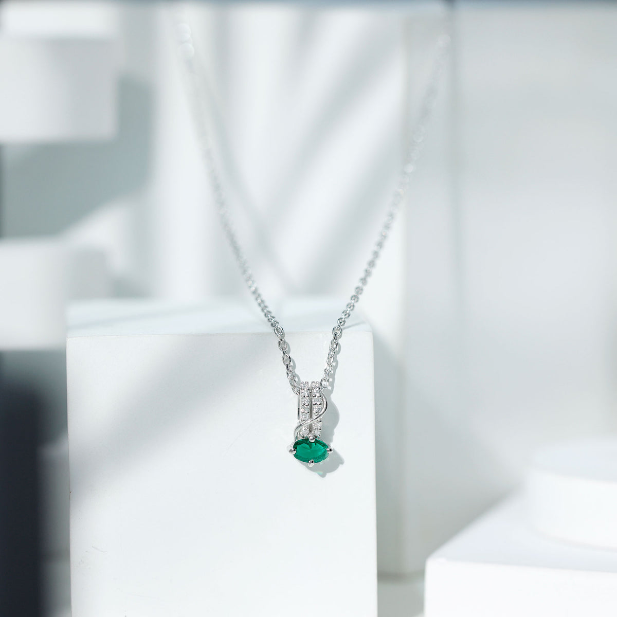 Oval Shaped Lab Emerald East West Necklace with Moissanite AAAA 92.5 Sterling Silver - Rosec Jewels